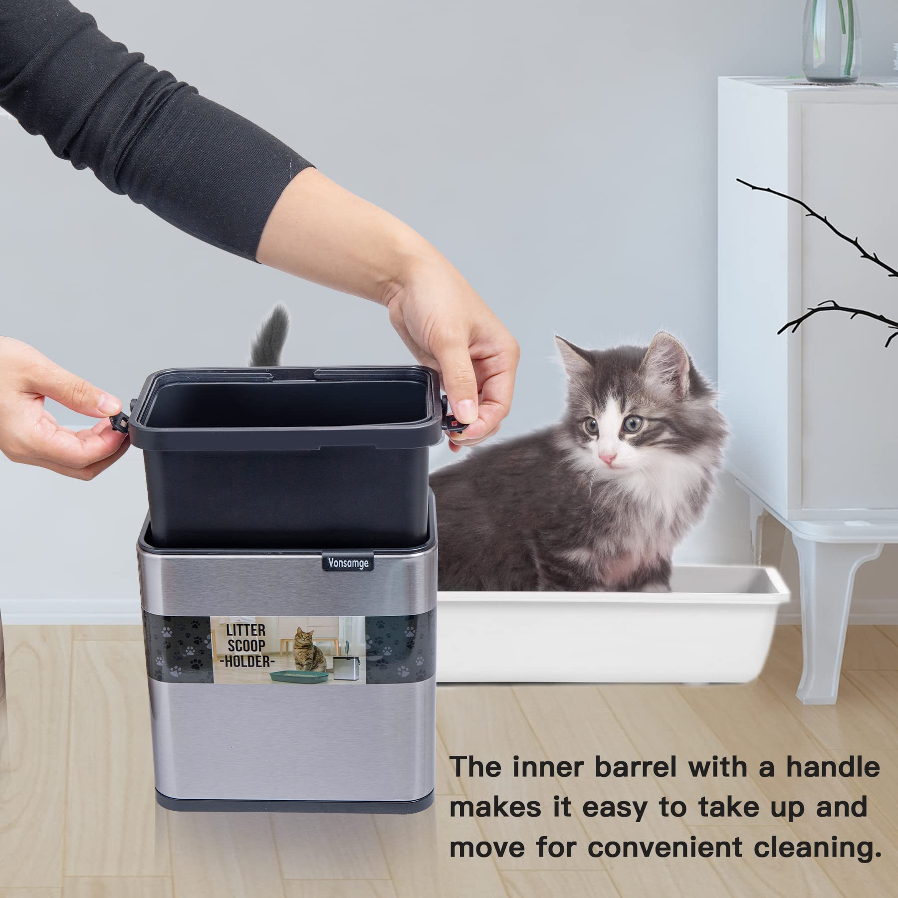 Vonsamge Universal Cat Litter Scoop Holder, Stainless Steel Small Portable Cat Litter Scooper Holder Trash Container.