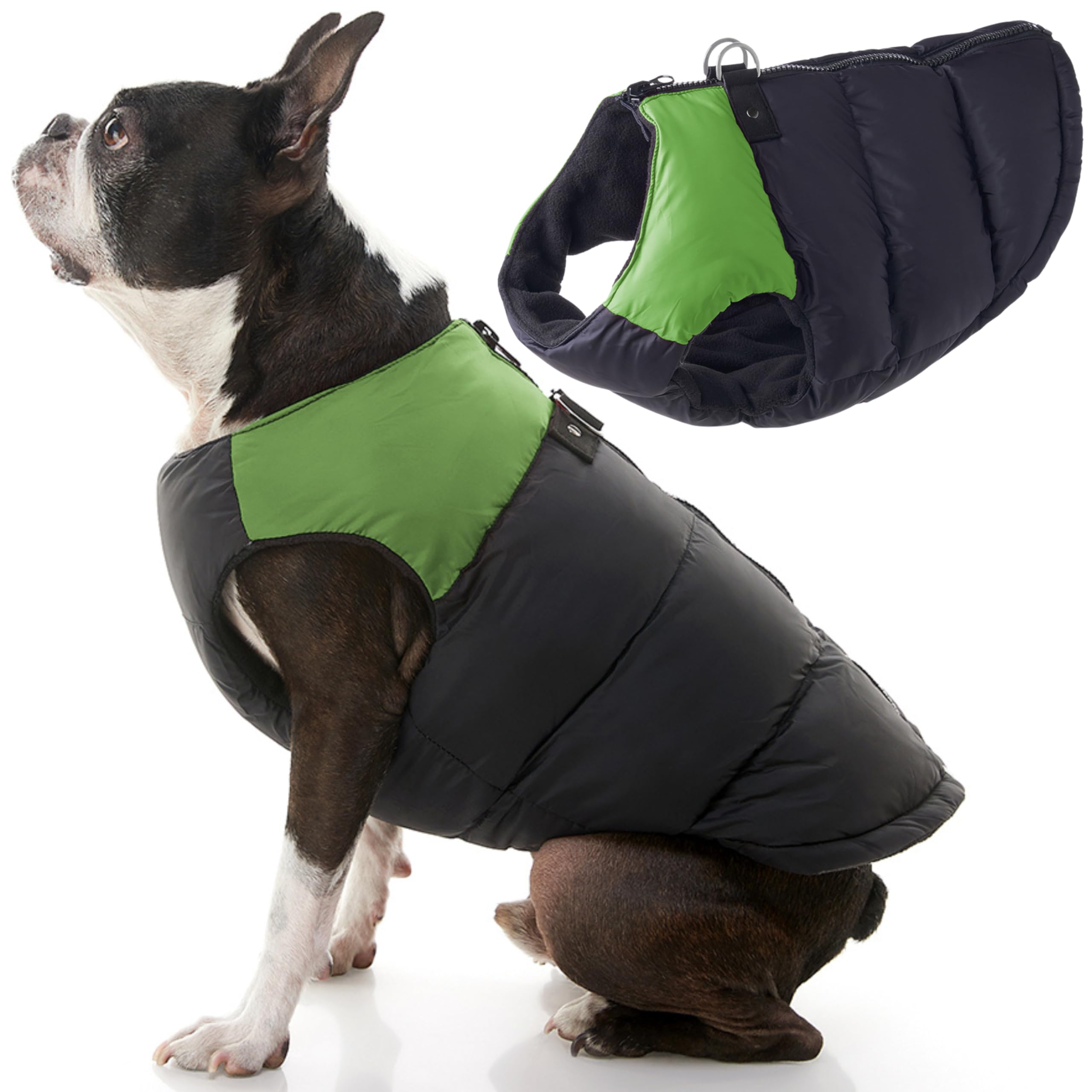Gooby Padded Vest Dog Jacket - Green, Medium - Warm Zip Up Vest Fleece Jacket With Dual D Ring Leash - Winter Water Resistant Sw