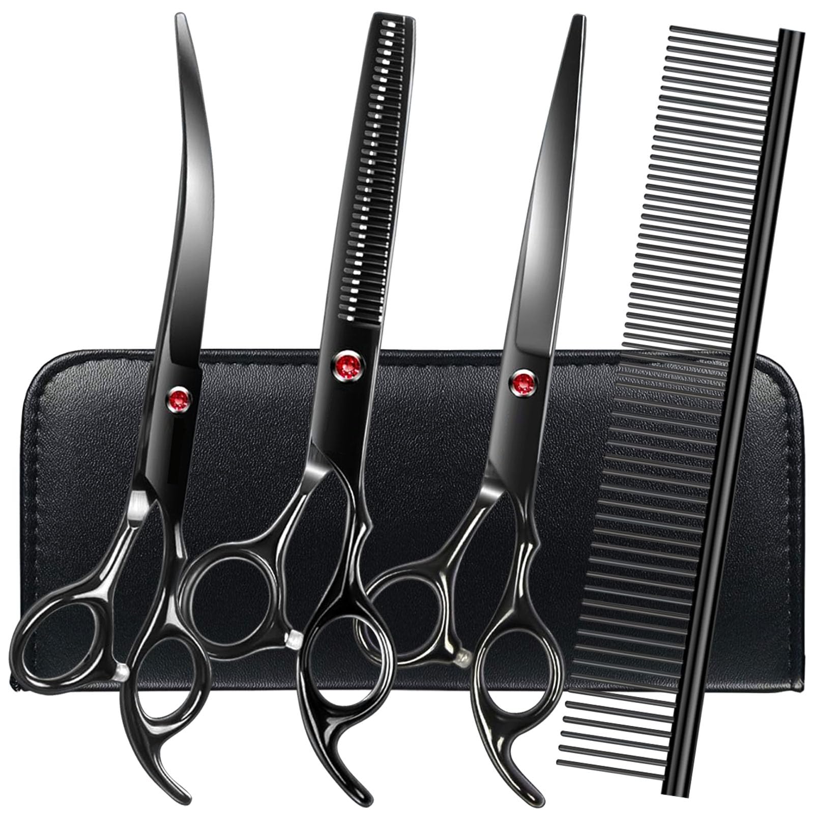 Faigeo Professional Dog Grooming Scissors Set Stainless Steel Dog Grooming Kit - Thinning, Curved Scissors And Comb For Dog Cat 