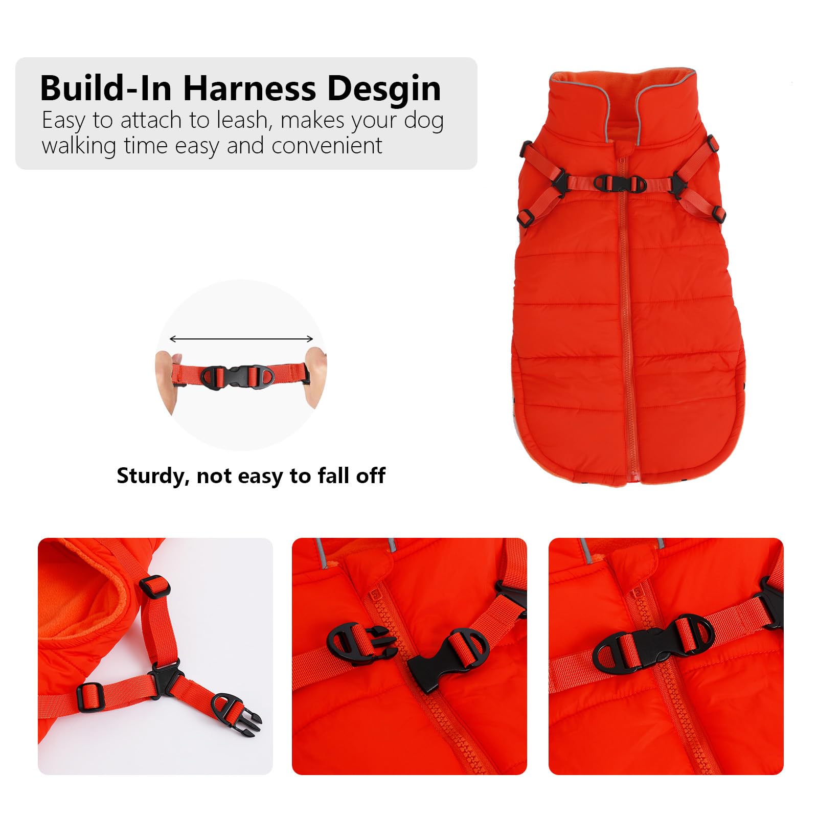 Geyecete Winter Warm Coat Waterproof Dog Winter Jacket With Harness Traction Belt,Windproof Pet Outdoor Jacket Dog Autumn-Orange