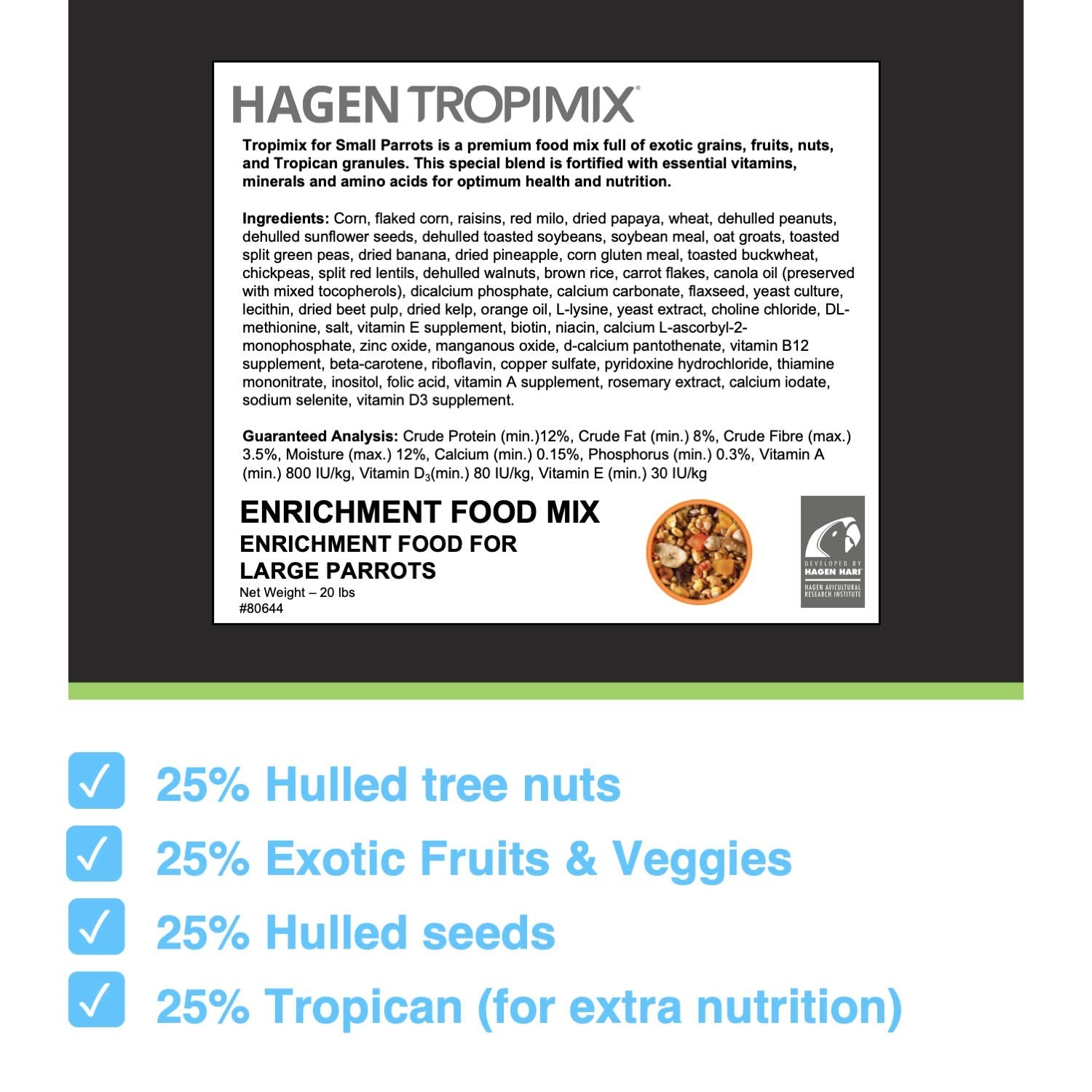 Hari Hagen Tropimix Small Parrot Food - 20 lb Enrichment Mix with Seeds, Fruits, Nuts, Vegetables - Multicolor