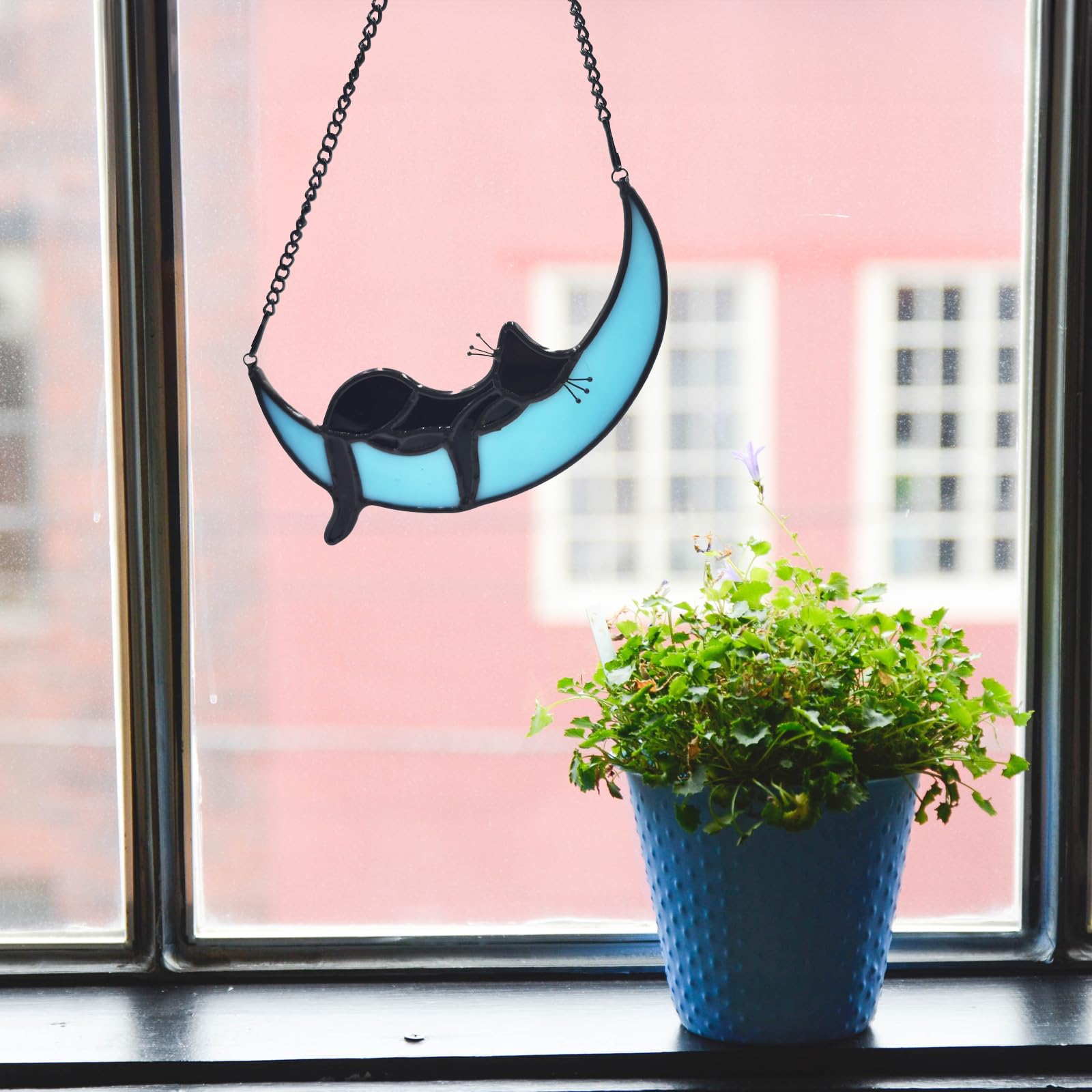 Fluffycaptain Sleeping Cat On Moon Stained Glass Loss Of Cat Memorial Gift For Cat Lovers,Handcrafted Stained Glass Cat Suncatch