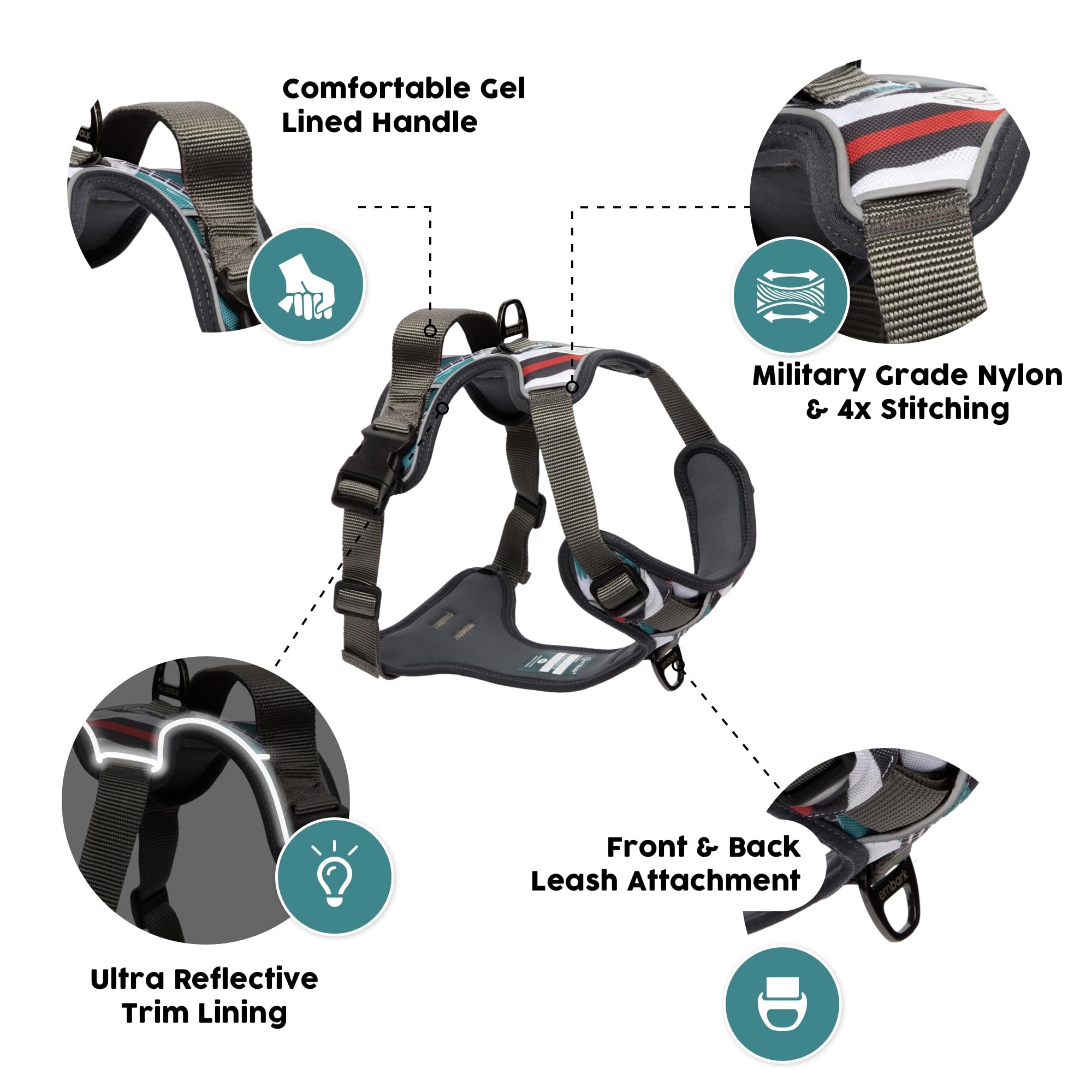 Embark Adventure Dog Harness, Reflective Trim Xl Dog Harness For Extra Large Dogs No Pull - Military Grade Nylon, 2 Leash Clips