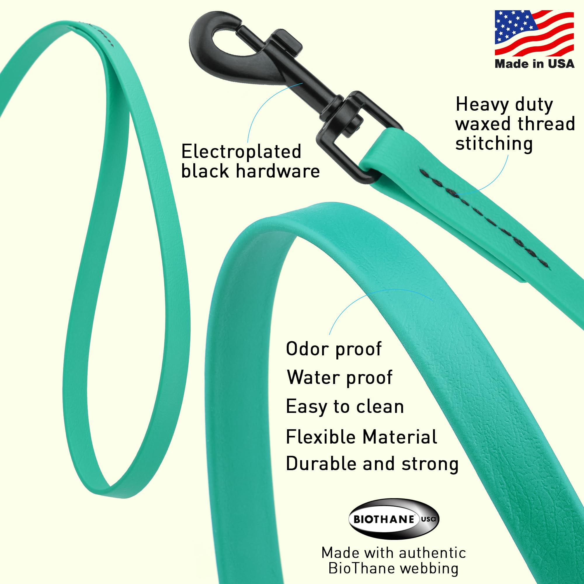 Dogline Biothane Waterproof Dog Leash Strong Coated Nylon Webbing with Black Hardware Odor-Proof Easy to Clean High Performance