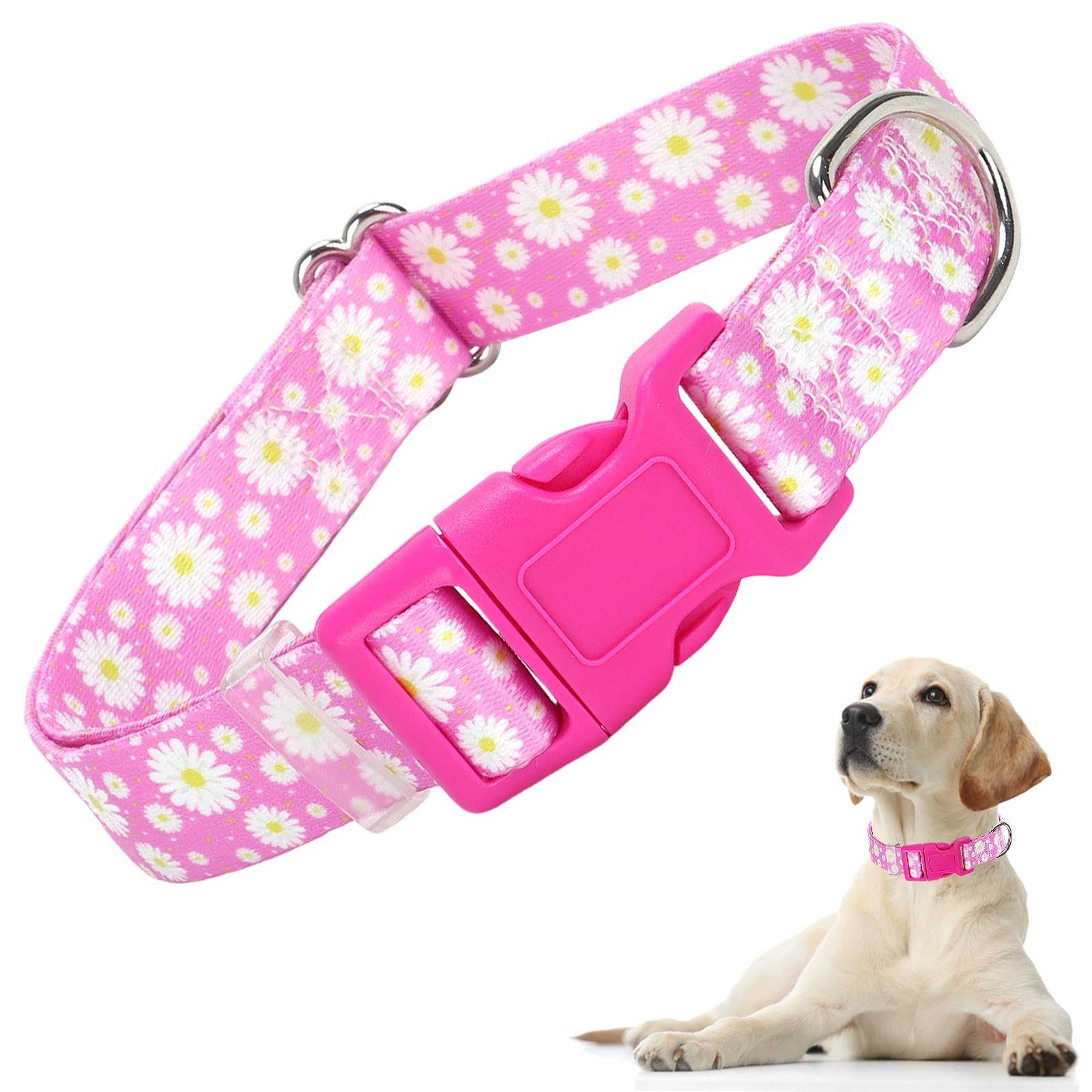Pink Dog Collars For Large Dogs, Cute Girl Dog Collar With Daisy Flowers Pattern, Adjustable Heavy Duty Pet Collar With Safety B