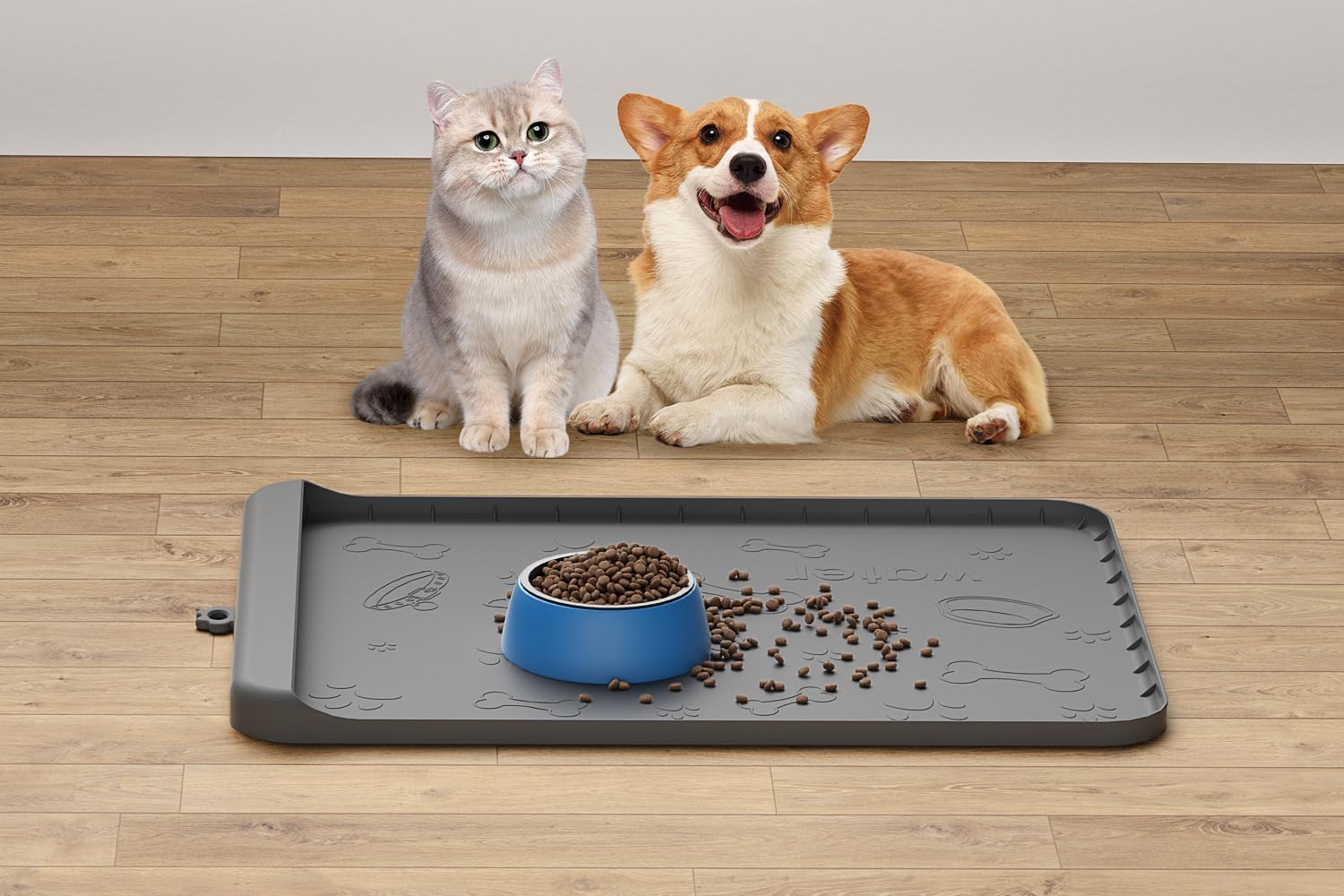 Dog Food Mat - Silicone Dog Mat for Water - 19 x 12 Pet Feeding Mats with Residue Collection Pocket - Waterproof Cat Bowl Mat wi