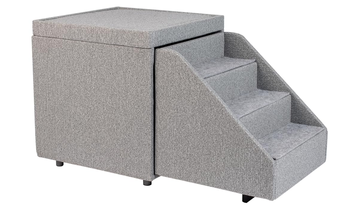 Petfusion Multi-Purpose Pet Stairs, Foldaway Cat And Dog Steps. Ottoman And Toy Basket & Storage, Great For Window Perch (18X18X18”) Perfect For Couch, Bed, Or Window.