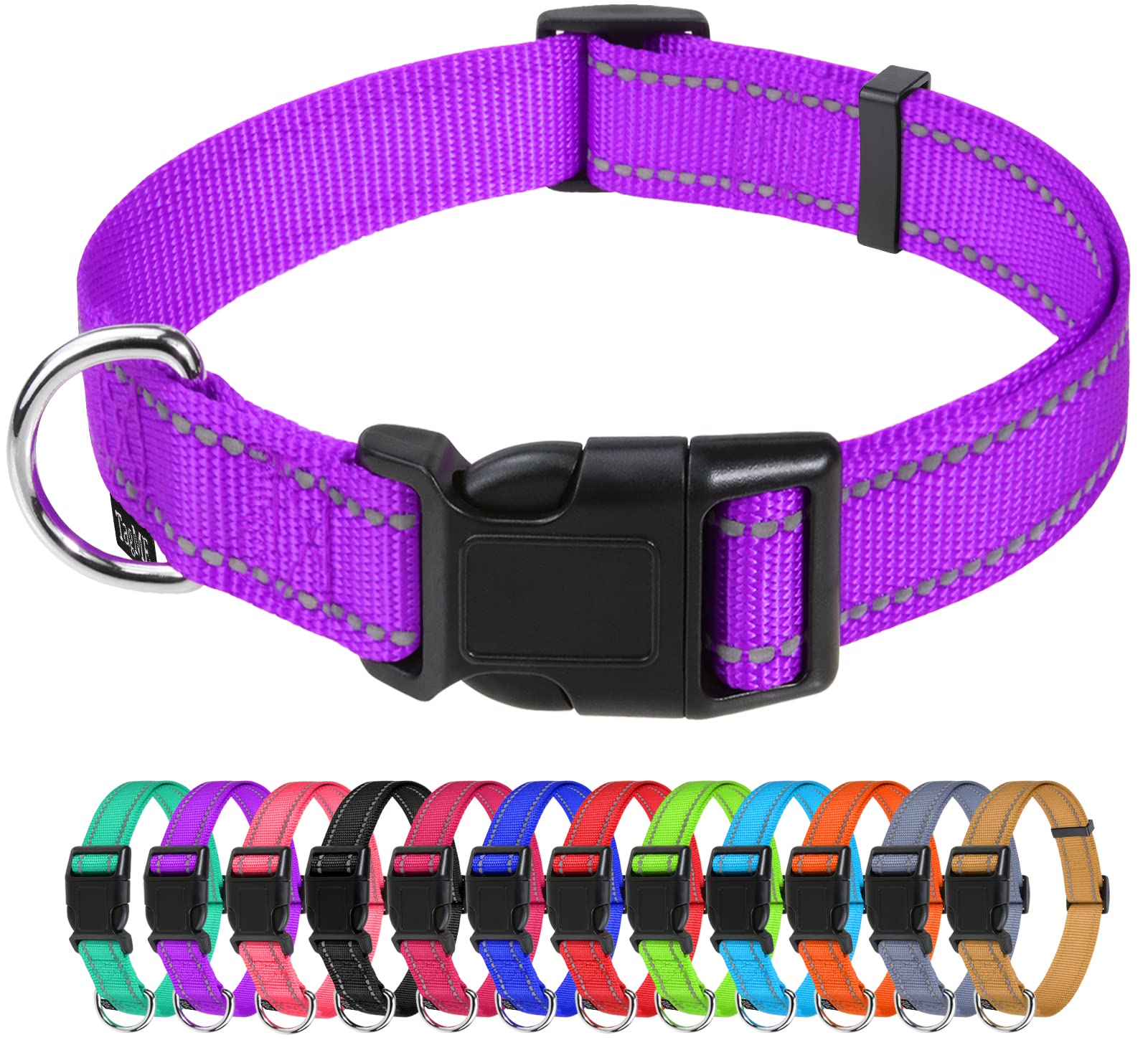 Tagme Reflective Nylon Dog Collars, Adjustable Classic Dog Collar With Quick Release Buckle For Extra Large Dogs, Purple, 1¼' Width