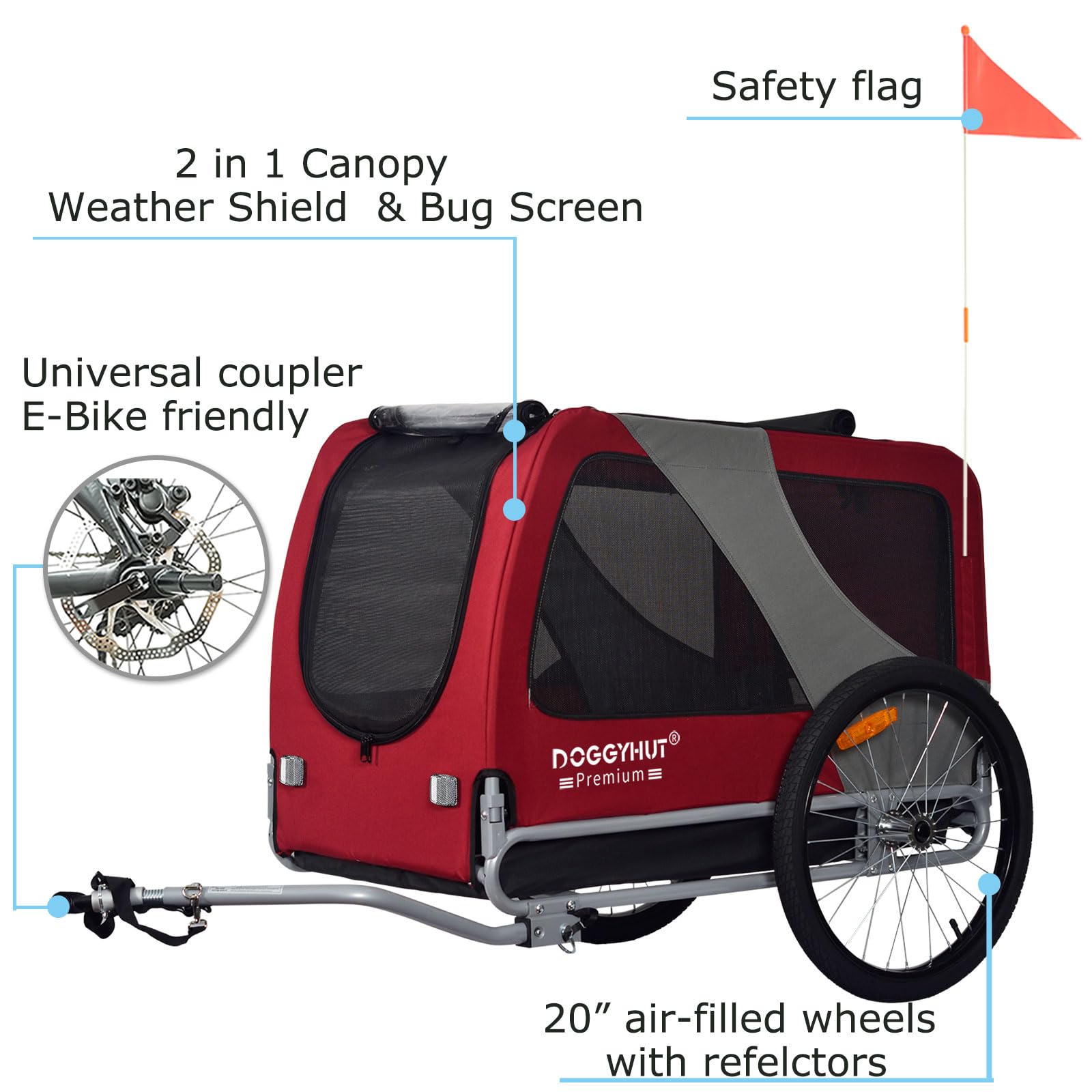 Doggyhut?Premium Xl Pet Bike Trailer For Large Dog Or Multiple Small Dogs, Up To 100 Lbs,Dog Bicycle Carrier,Low Center Of Gravity,Easy Folding Frame Cart (Red)
