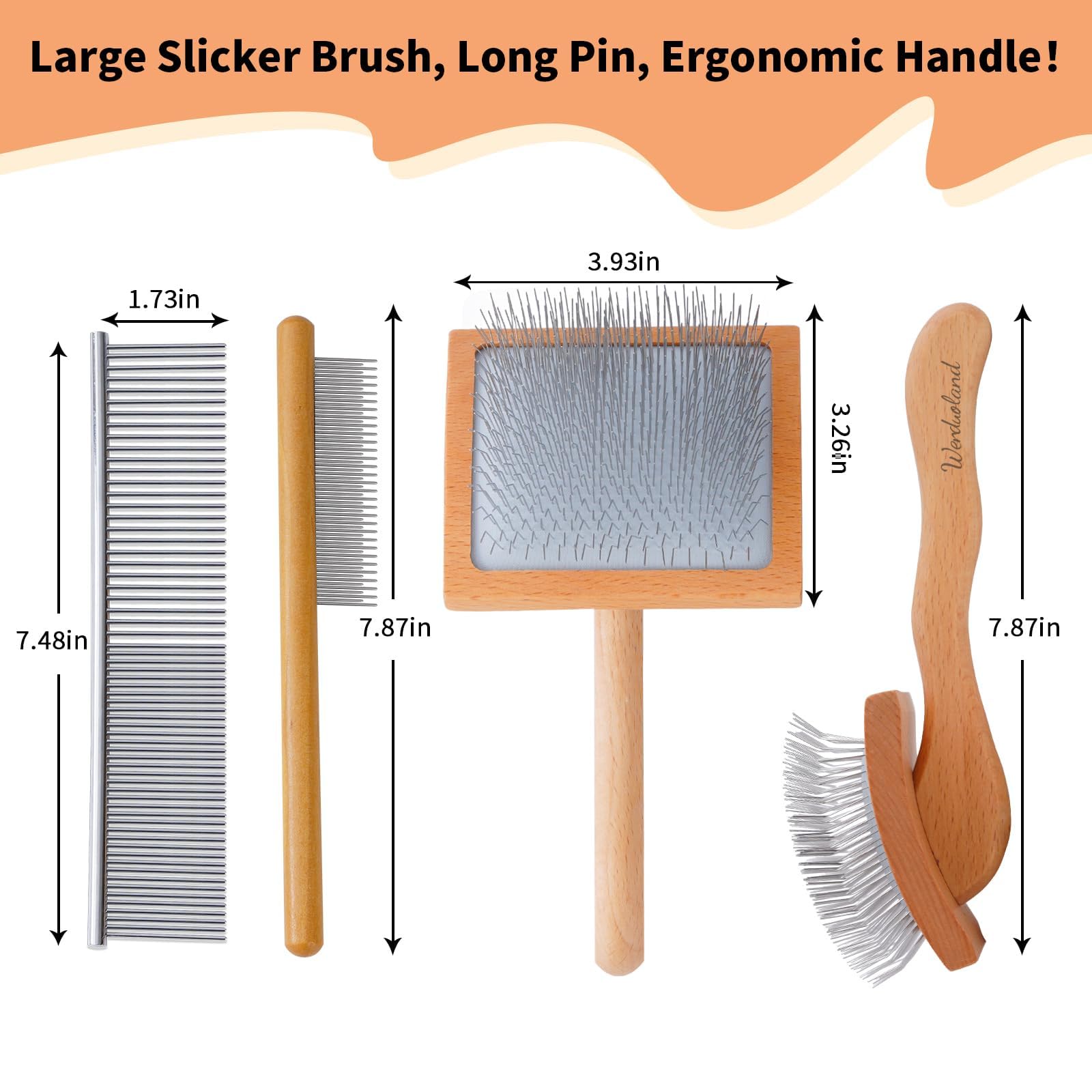 Werduoland Ergonomic Slicker Brush for Long-Haired Dogs - Wooden Handle, Long Pins, Ideal for Goldendoodles