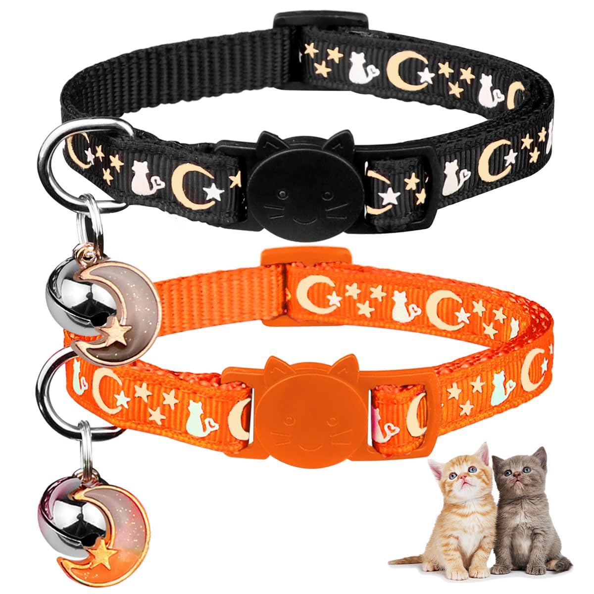 2Pcs Breakaway Cat Collars With Bell Cute Kitty Glow In The Dark Adjustable Kitten Collars 7.9-13.0 Inch(Orange&Black)