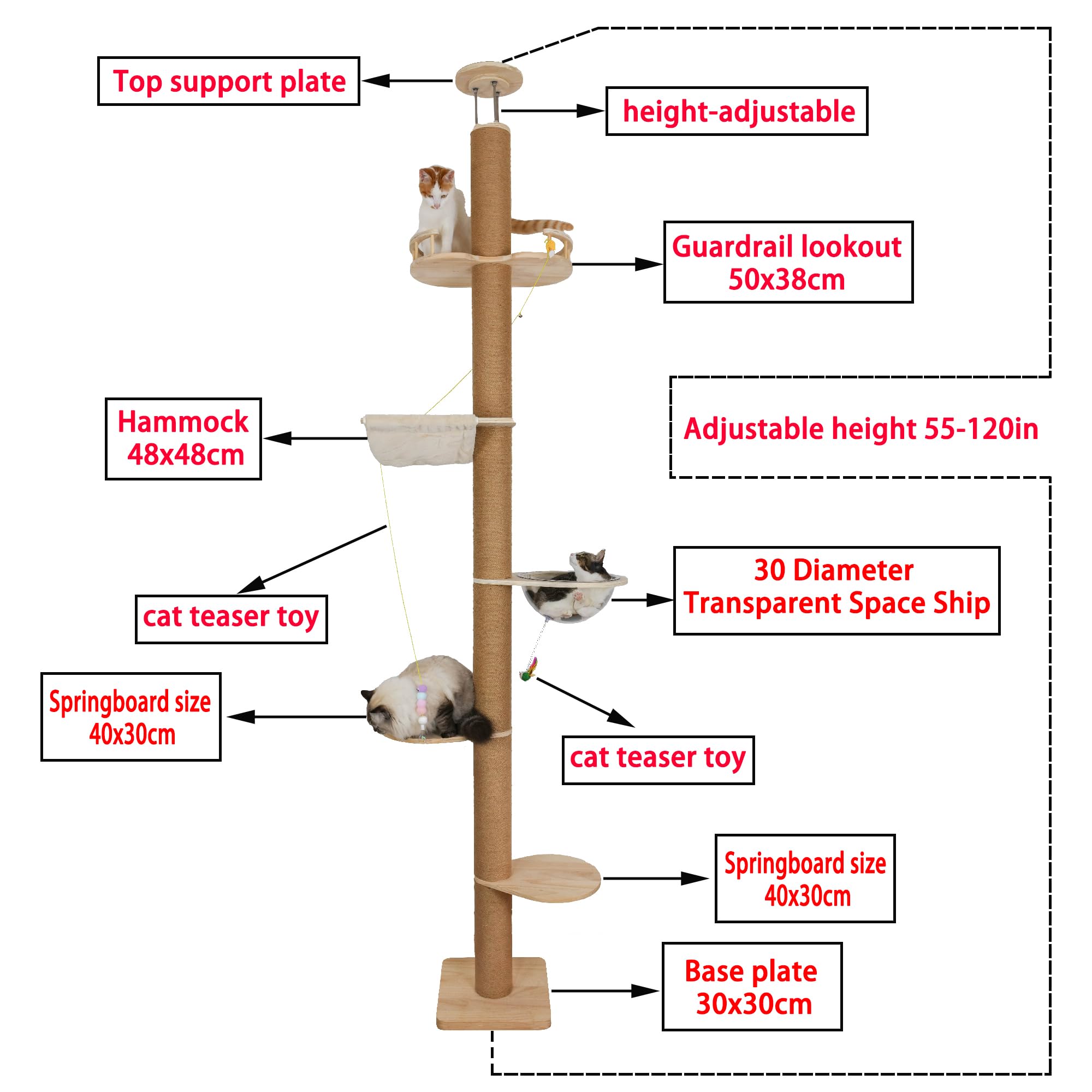 Floor to Ceiling Cat Tree Height (50-120 in) Adjustable Cat Tower 5 Tier Hemp Scratching Post High Cat Tree Sturdy Activity Tree