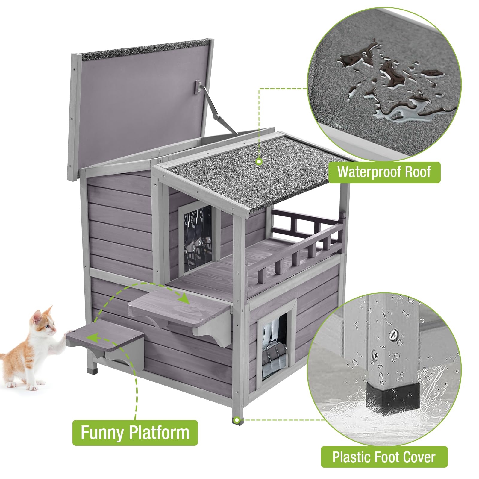 Cat House Outdoor & Indoor Feral Kitty House Cats Enclosure With Balcony Wooden Kitty Shelter Waterproof