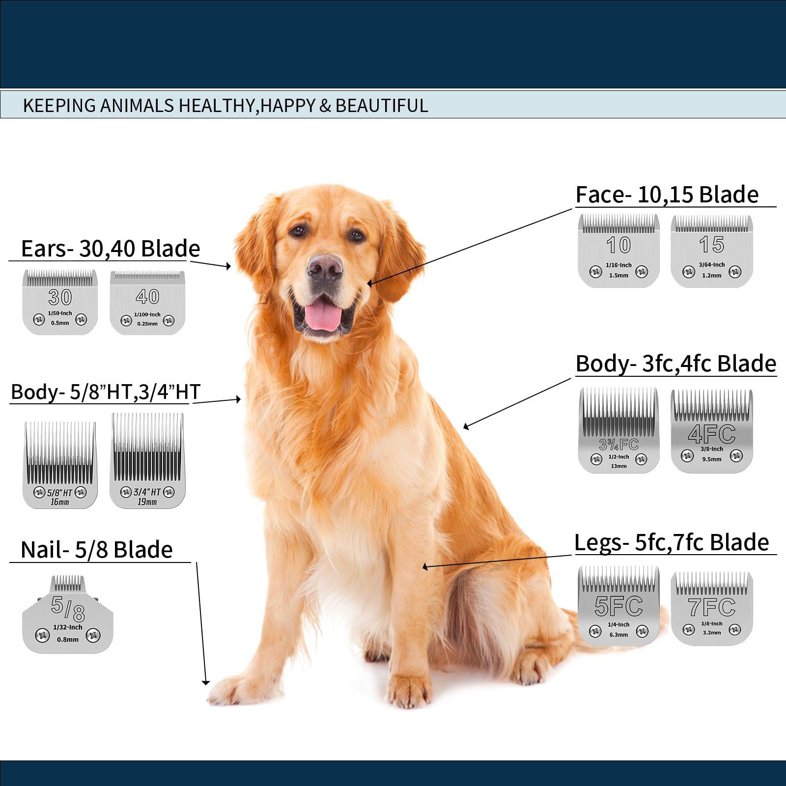 10+7FC+5FC+4FC Pet Dog Grooming Detachable Ceramic Blades Kit,Compatible with Andis,Oster A5,Wahl KM10 Clippers,Cut Length 1/16'