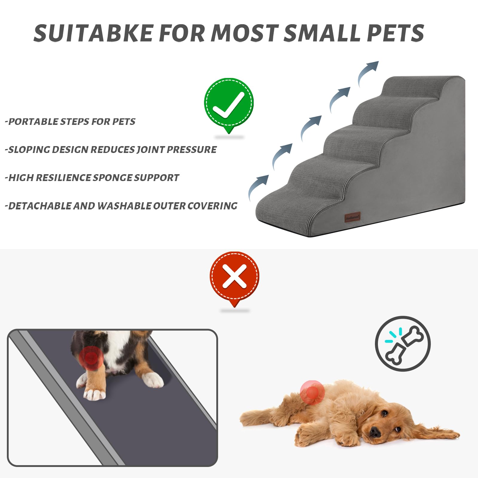 Aodisman 5-Step Dog Stairs and Ramp for High Bed, Non-Slip Sturdy Pet Steps for Small Dogs and Cats,22.2 H,Grey