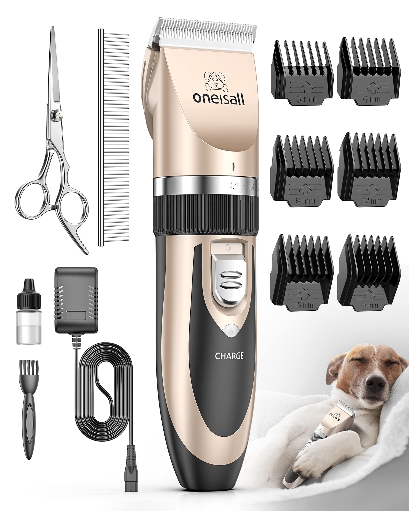 Oneisall Dog Clipper Low Noise, Dog Grooming Kit With Rechargeable, Dog Shaver Cordless Electric Quiet Hair Clipper Set For Dog Cats Pets(Gold)