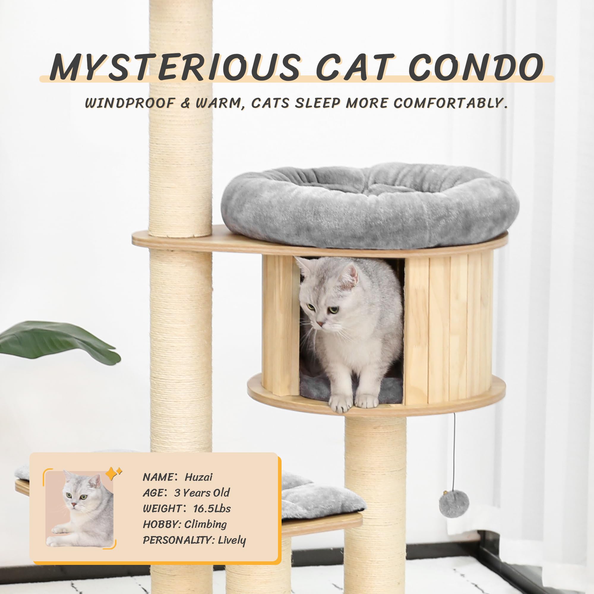 Kamaboko 58.6' Modern Cat Tree, Wood Cat Tree W/ 4.7' Large Dia Sisal Scratching Posts, Heavy-Duty Cat Trees For Large Cats Wi