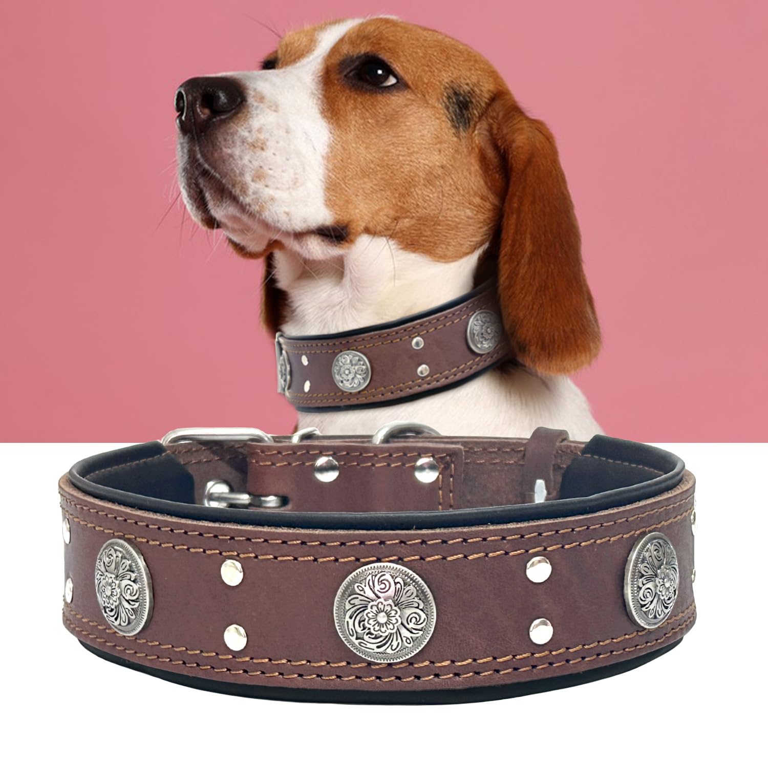 Leather Dog Collar For Large Medium Dogs, Heavy Duty 2 Inches Wide Pet Collars, Thick, Strong, Luxury And Studded Dog Collars Br