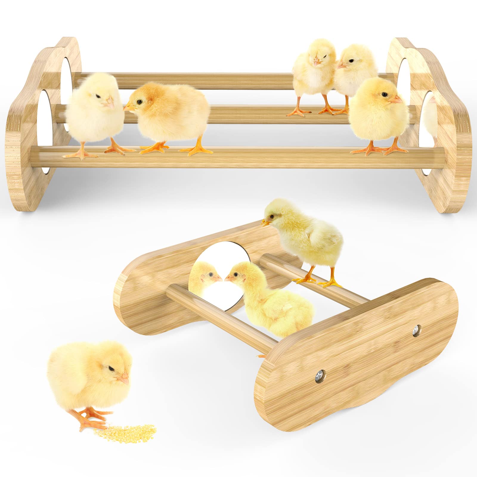 Ensayeer Bamboo Chick Perch With Mirror And Mini Roosting Bar Set For Coop And Brooder(2 Pack), Training Perch For Large Bird, Hens, Parrots, Macaw, Easy To Assemble And Clean,Fun Toys For Chicken