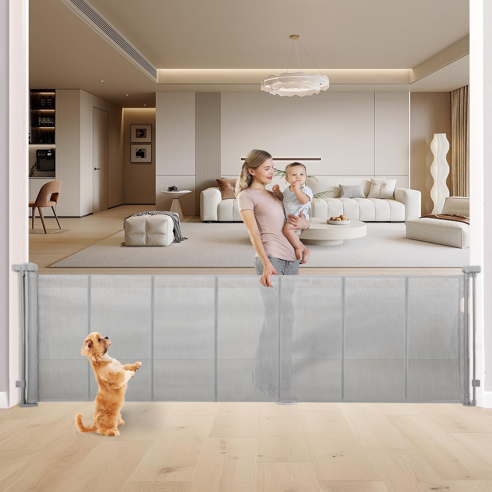 Innovative Retractable Baby Gates with Reinforced Strip,Mesh Baby Gate,One-Handed Operation,35'' Tall x 150'' Wide Baby Gates Ex