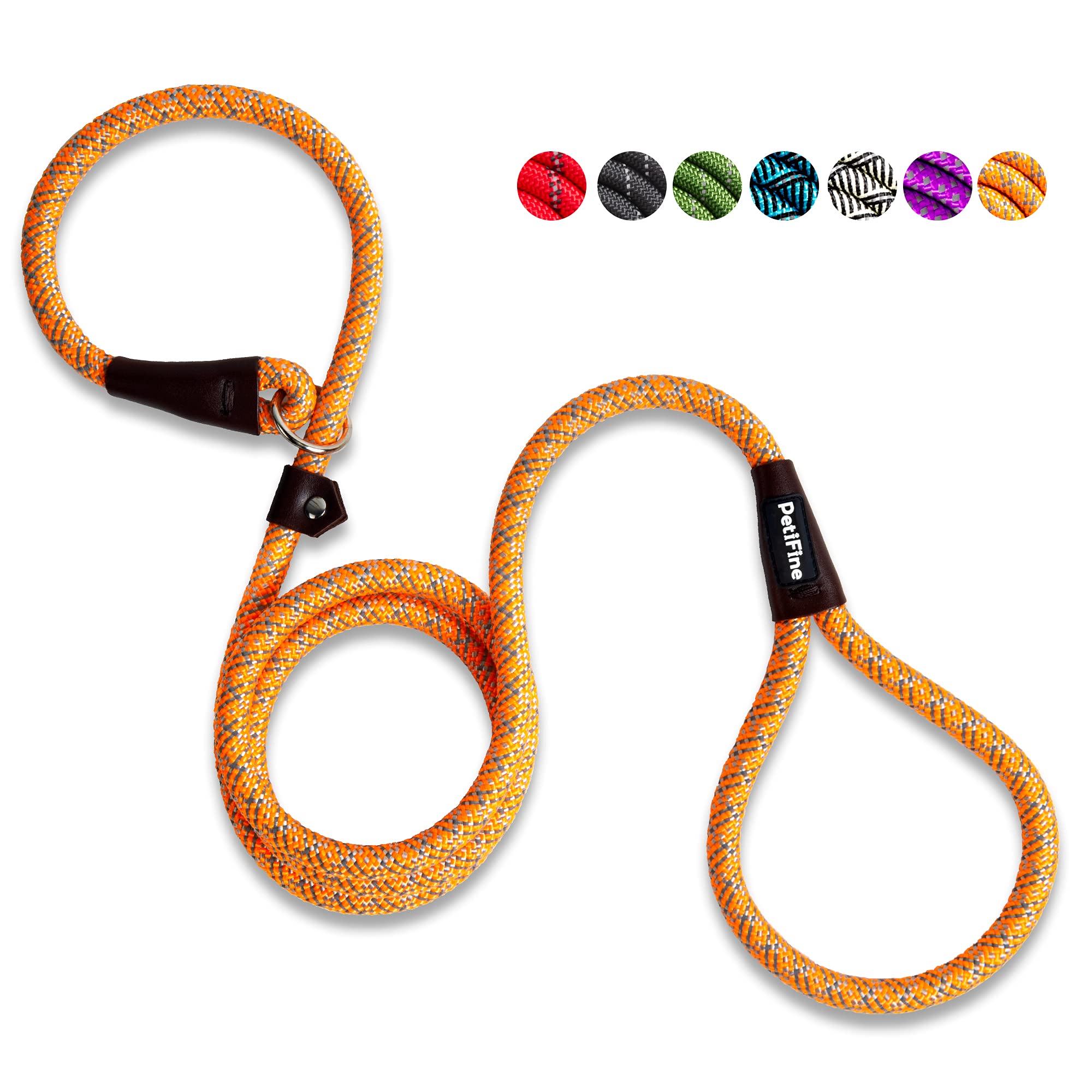 Petifine Slip Lead Dog Leash, Full Reflective Slip Knot Dog Training Leashes, Heavy Duty Adjustable Pet Nylon Slip Loop Leash For Small Medium Large Dogs (1/2' X 6 Ft, Orange)