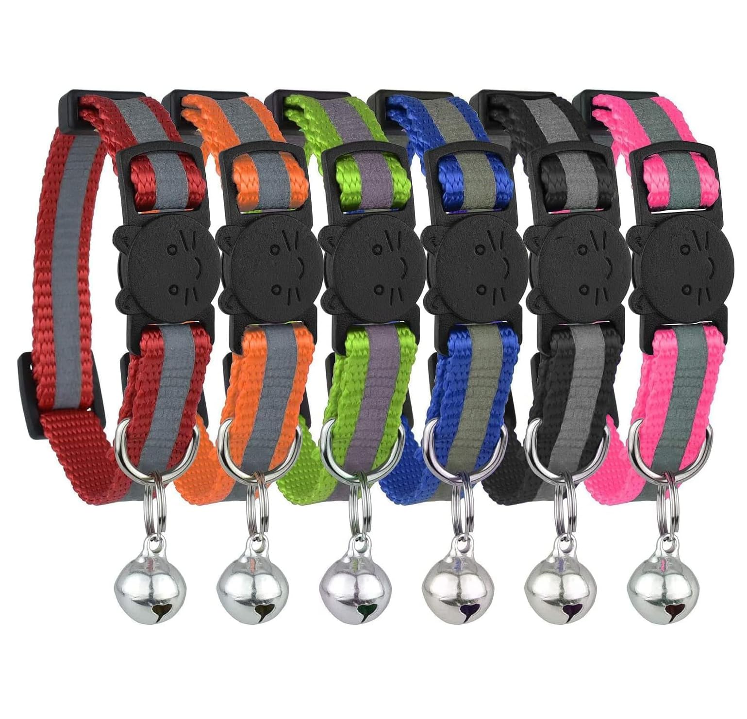 Reflective Cat Collar with Bell, Set of 6, Solid & Safe Collars for Cats, Nylon, Mixed Colors, Pet Collar, Breakaway Cat Collar 