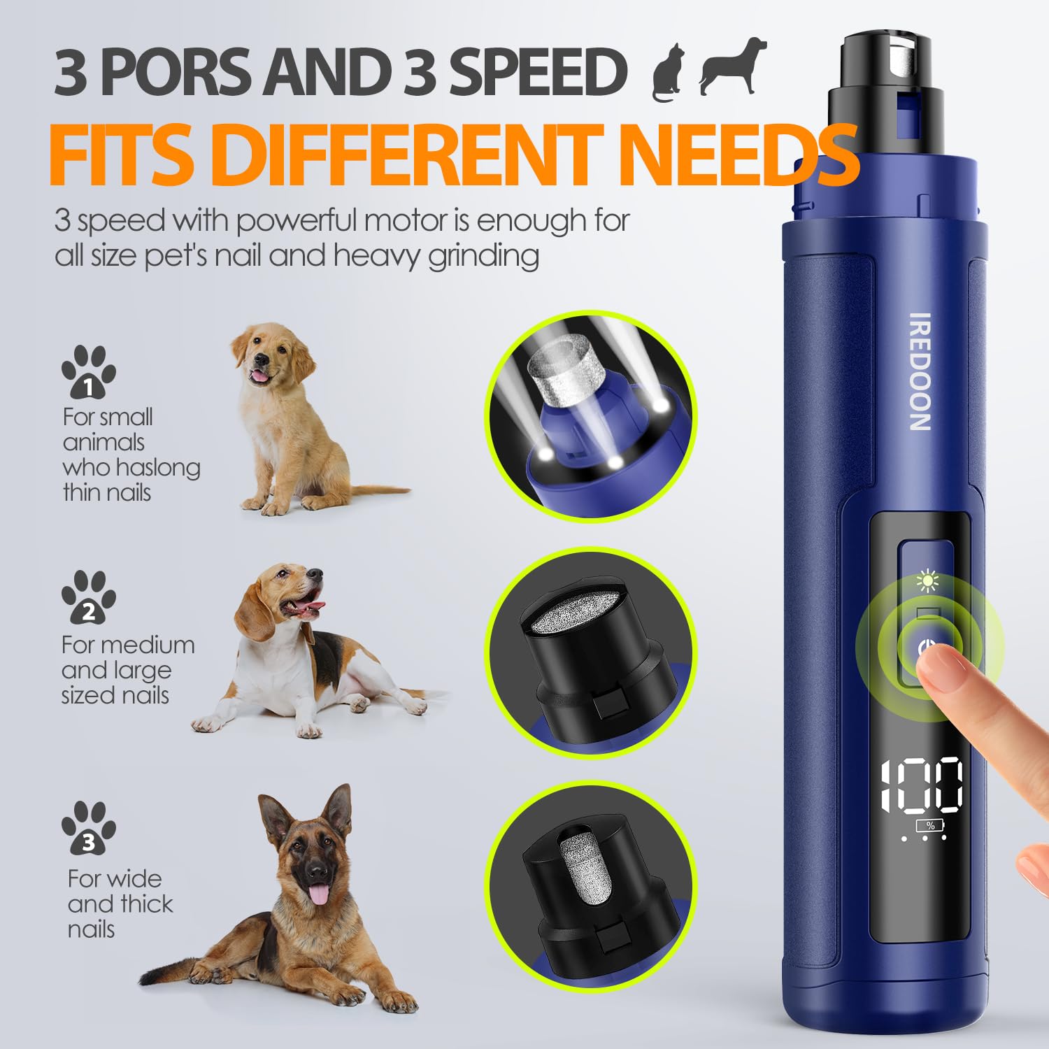 Iredoon Dog Nail Grinder Upgraded - Professional 3-Speed Super Quiet And Low Vibration Electric Pet Nail Grinder With 4 Led Ligh