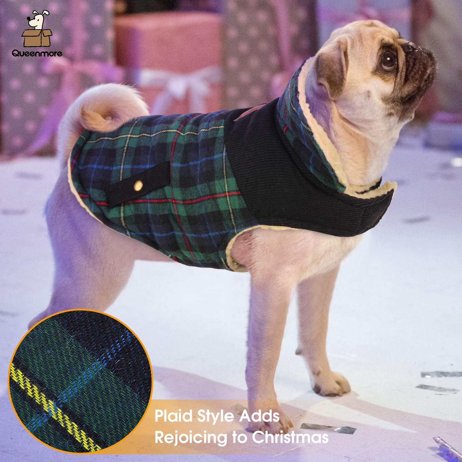 Queenmore Warm Dog Jacket For Cold Weather, Quilted Puffer Plaid Coat With Waterproofing, Fleece Padding, Leash Hole - Small/Med