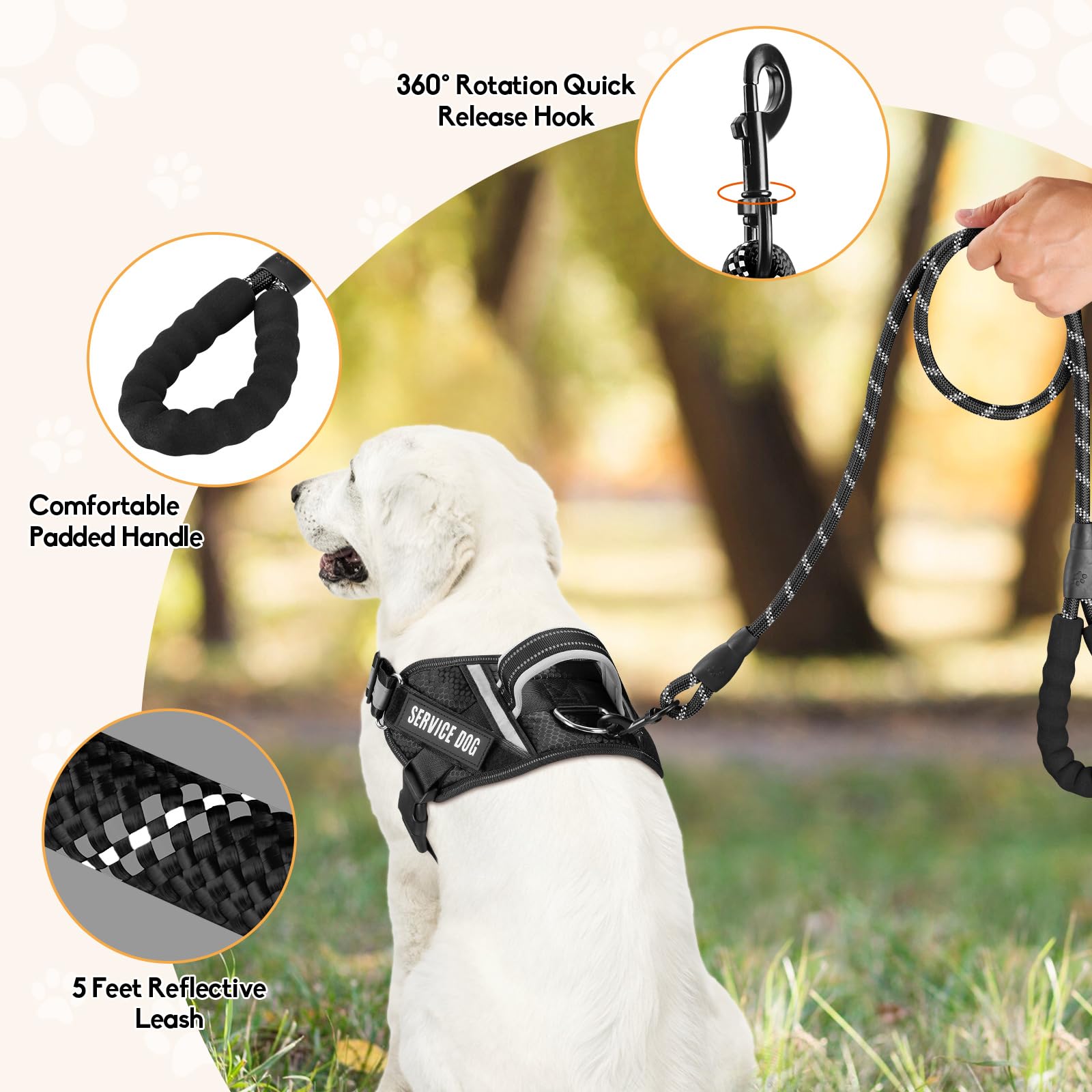 Service Dog Vest Harness And Leash Set, Animire In Training Dog Harness With 8 Dog Patches, Reflective Dog Leash With Soft Padded Handle For Small, Medium, Large, And Extra-Large Dogs (Black,M)