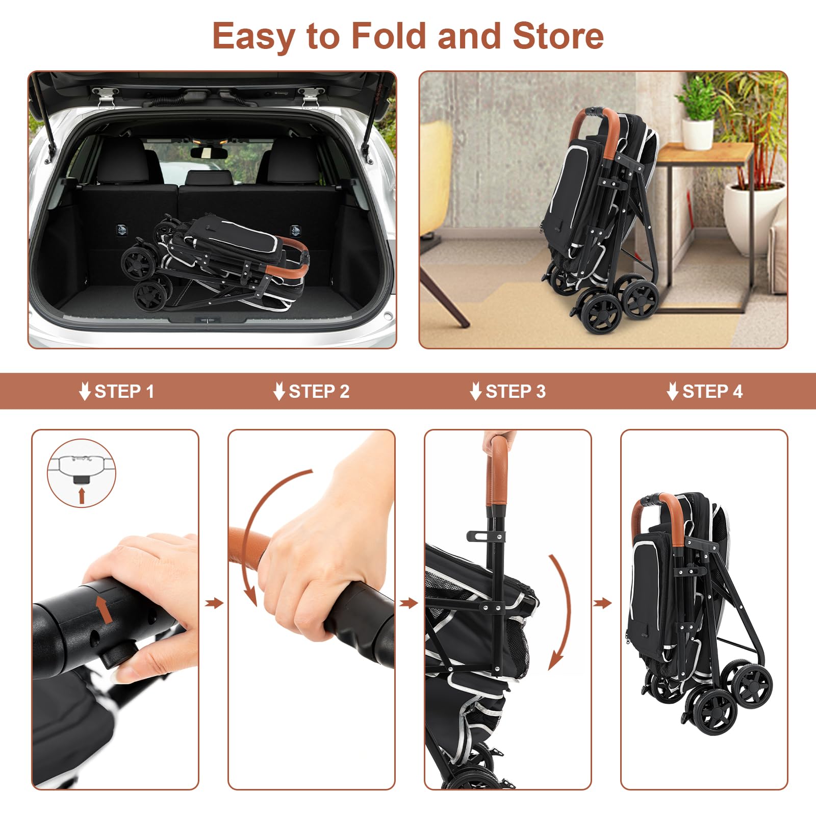 Lpotius Double Pet Stroller For Dogs And Cats, One-Hand Folding Dog Stroller Travel Carriage For Small Medium Dogs Cats, 4 Wheel