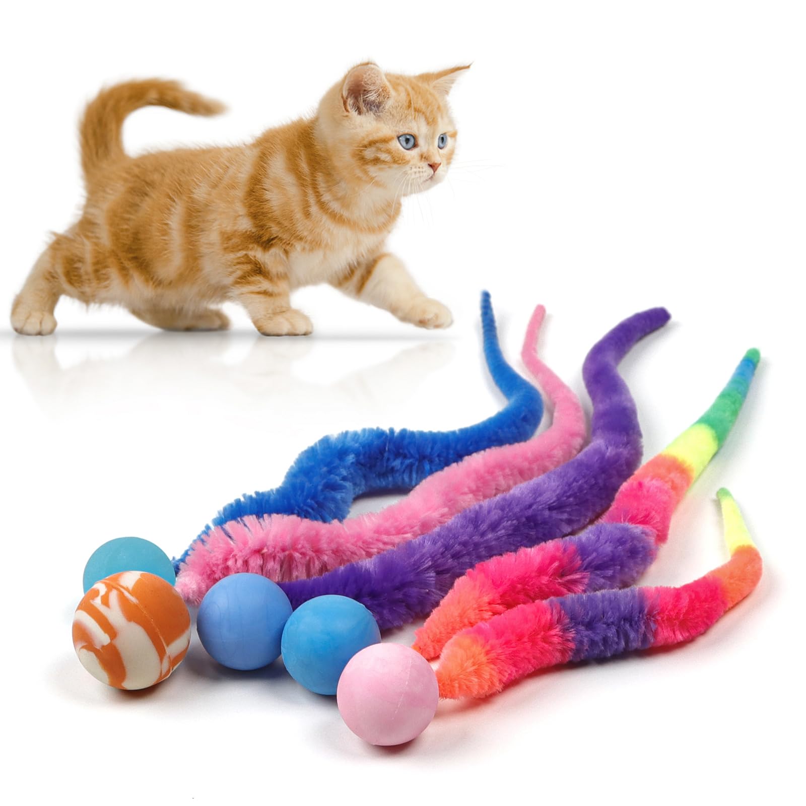 SHENGSEN Mixed Bouncy Ball with Tail Cat Toys-5 Packs,Rainbow Magic Worm with Ball Toy for Cats,Colorful Fuzzy Worm Bouncy Balls
