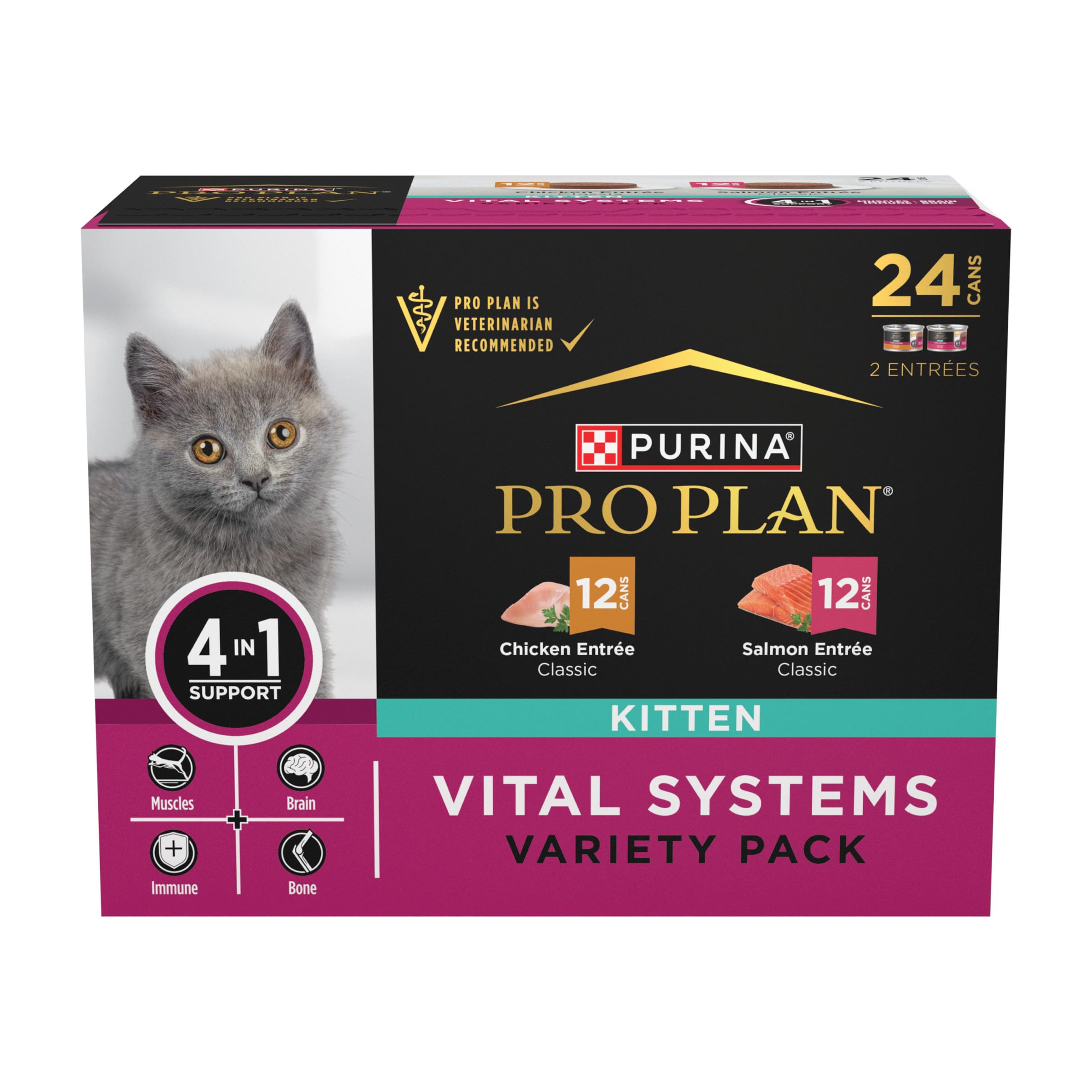 Purina Pro Plan Vital Systems Chicken and Salmon Entree Wet Kitten Food Variety Pack 4-in-1 Muscles, Brain, Immune and Bone - (P