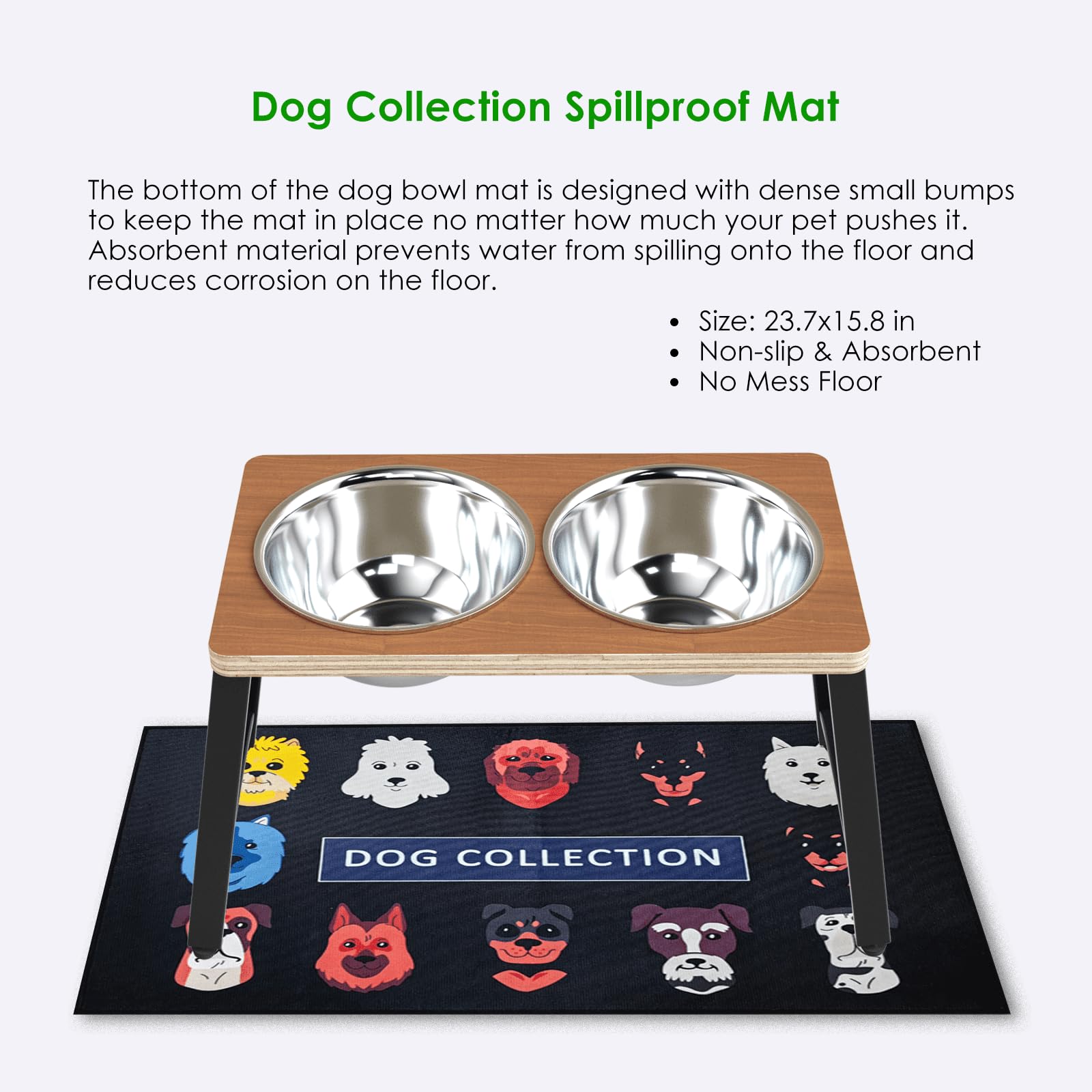 TIDANT Elevated Dog Bowls for Large Dogs with Spill Proof Mat, Raised Dog Bowl Stand with 2 Large Stainless Steel Bowls - 1700 M