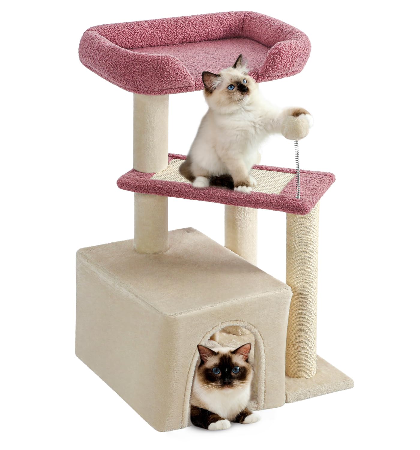 Made4Pets Pink Cat Tree, Carpet Cat Tower Grey For Indoors Cats, Cute Wood Kitty Condo With Scratching Post And Pad, 29'' Multi-