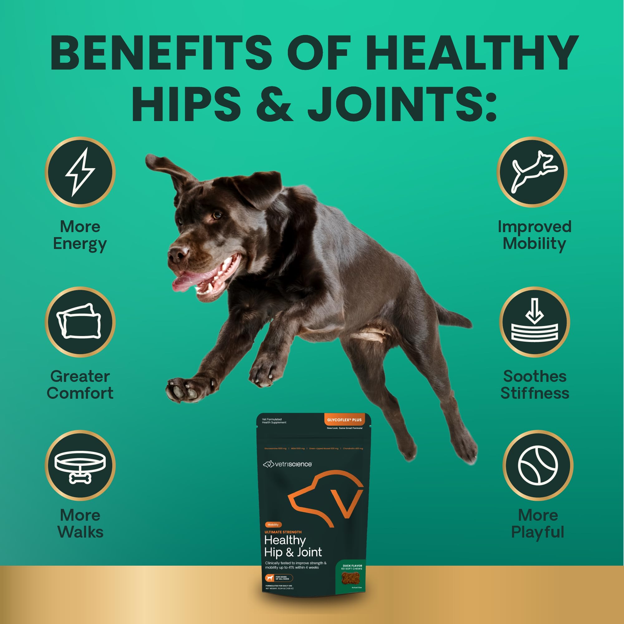 VetriScience Ultimate Strength Healthy Hip & Joint Chews, GlycoFlex Glucosamine, Chondroitin & Green-Lipped Mussel Joint Support