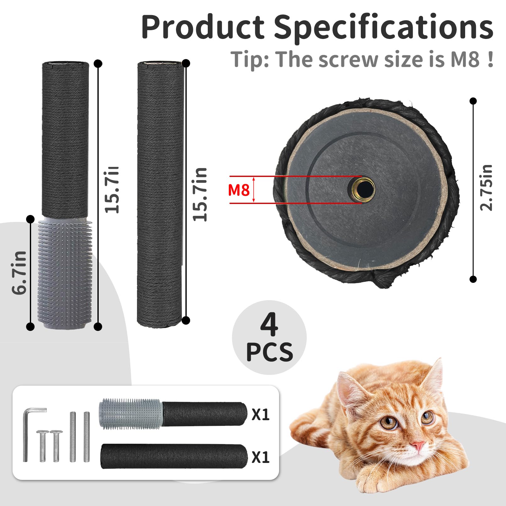 Fhiny 2Pcs Cat Scratching Post Replacement, 15.7Inch M8 Natural Sisal Cat Scratch Post With Cat Self Groomer Refill Pole Parts K