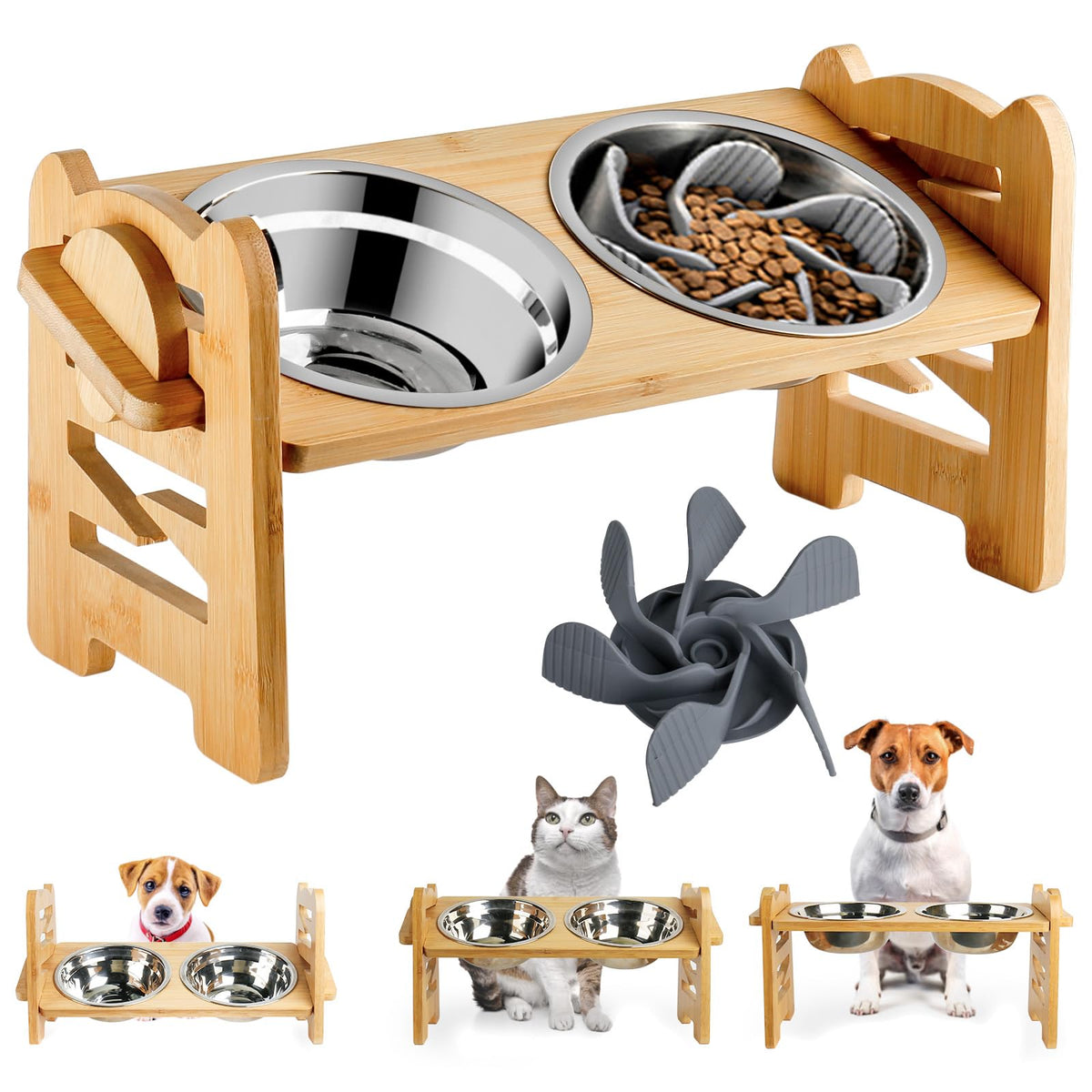 Elevated Dog Bowls, 15Tilted Adjustable Raised Dog Bowl For Small & Medium Dogs And Cats, Durable Bamboo Elevated Cat Bowls Wood