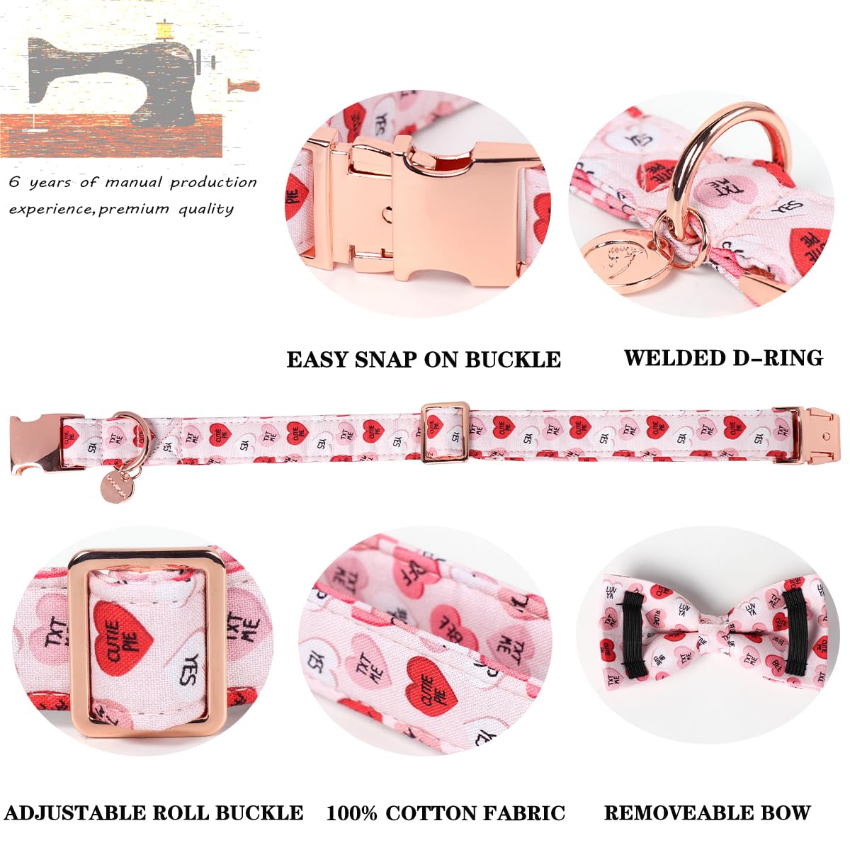 Dogwong Valentine'S Dog Collar With Bow Tie, Adjustable Durable Pink Heart Dog Collar Cute Dog Collar For Small Medium Dogs