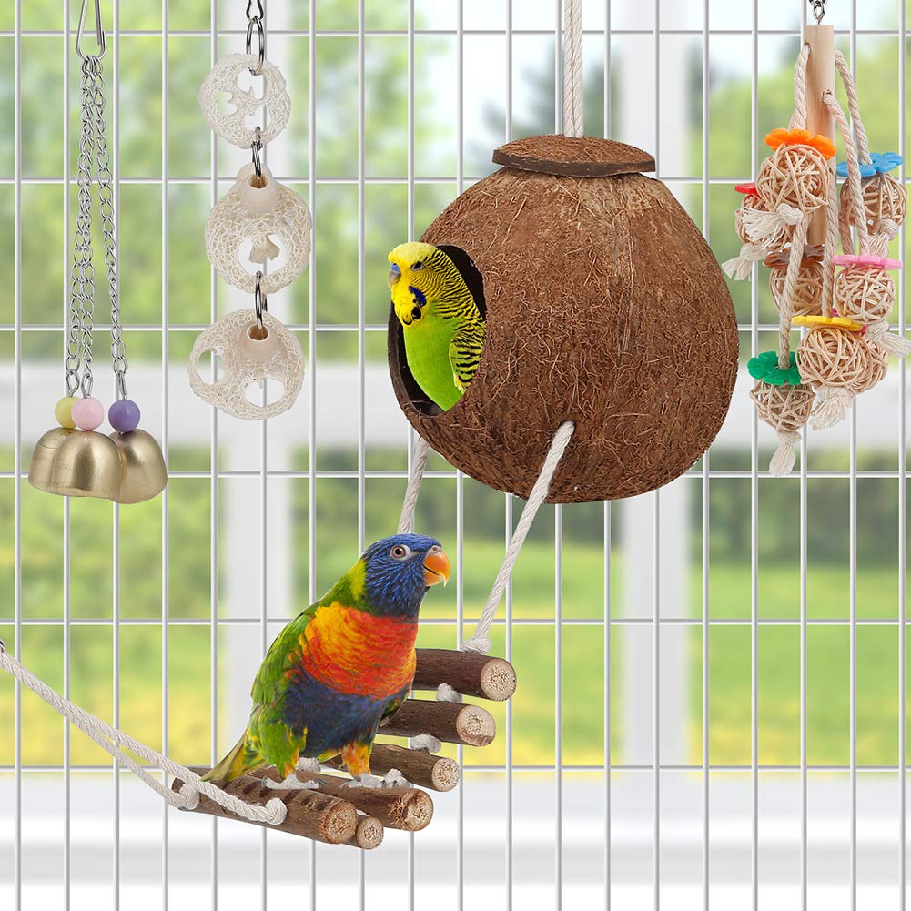 Bird Parakeet Toy Bird Cage Hammock Bird Perch Natural Coconut Hideaway With Ladder Swing Chewing Hanging Bell Toy With Mirror For Parrots,Parakeet,Conure,Cockatiel,Budgerigar,Love Birds,Mynah,Finches