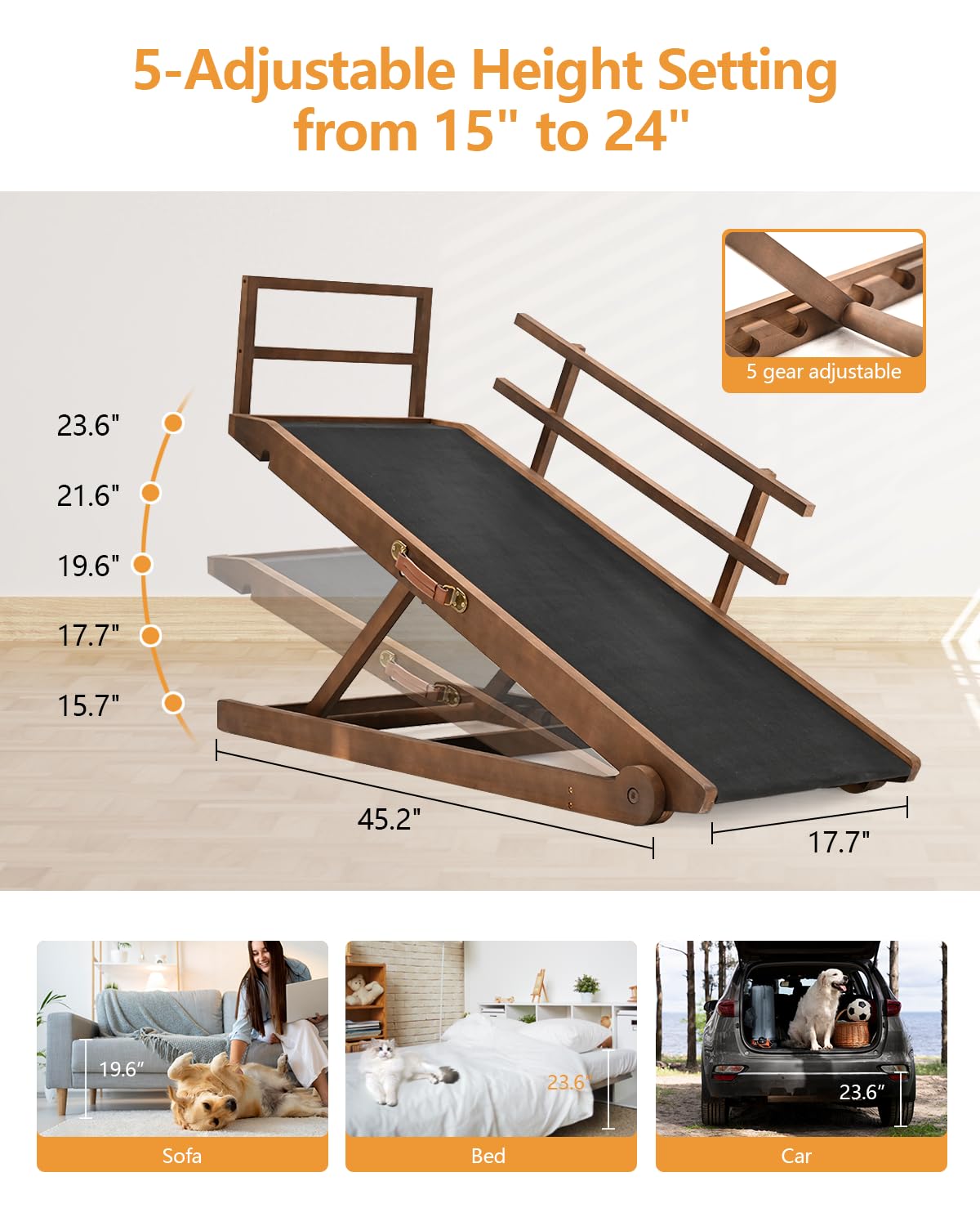 Dog Ramp For Bed, Adjustable Pet Ramp For Dogs To Get On Bed, Folding Dog Bed Ramp For Small/Medium/Large Dog/Cat, Wood Furnitur