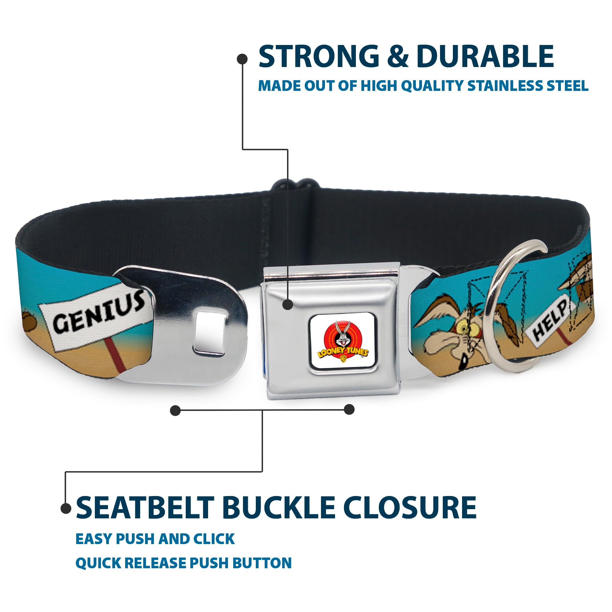 Buckle-Down Seatbelt Buckle Dog Collar - Wile E. Coyote Expressions/Signs Desert - 1.5' Wide - Fits 18-32' Neck - Large