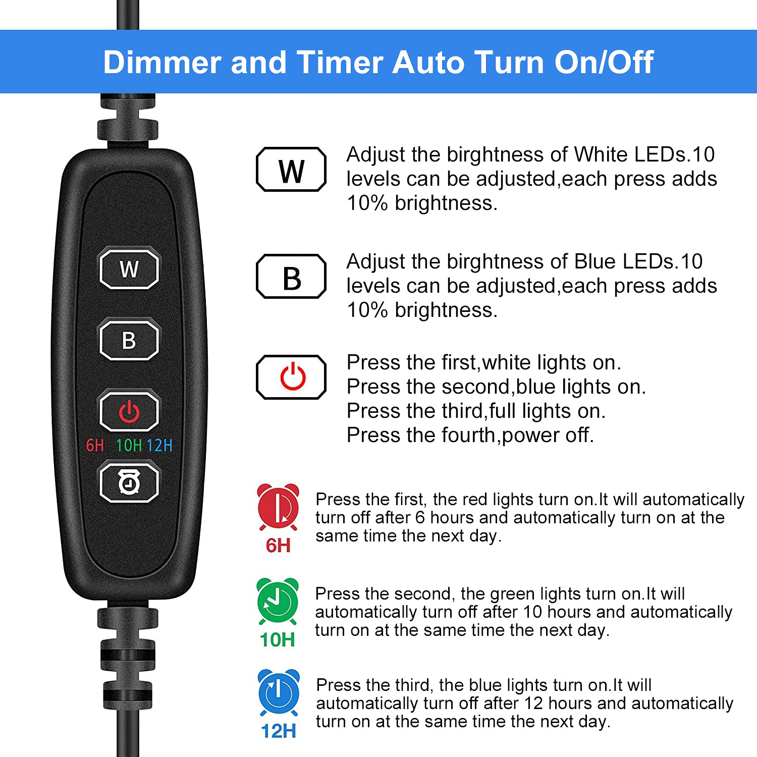 Varmhus Submersible Led Aquarium Light,Fish Tank Light With Timer Auto On/Off Dimming Function,3 Light Modes Dimmable White-Blue,10 Brightness Levels Optional&3 Levels Of Timed Loop Function 7.5''