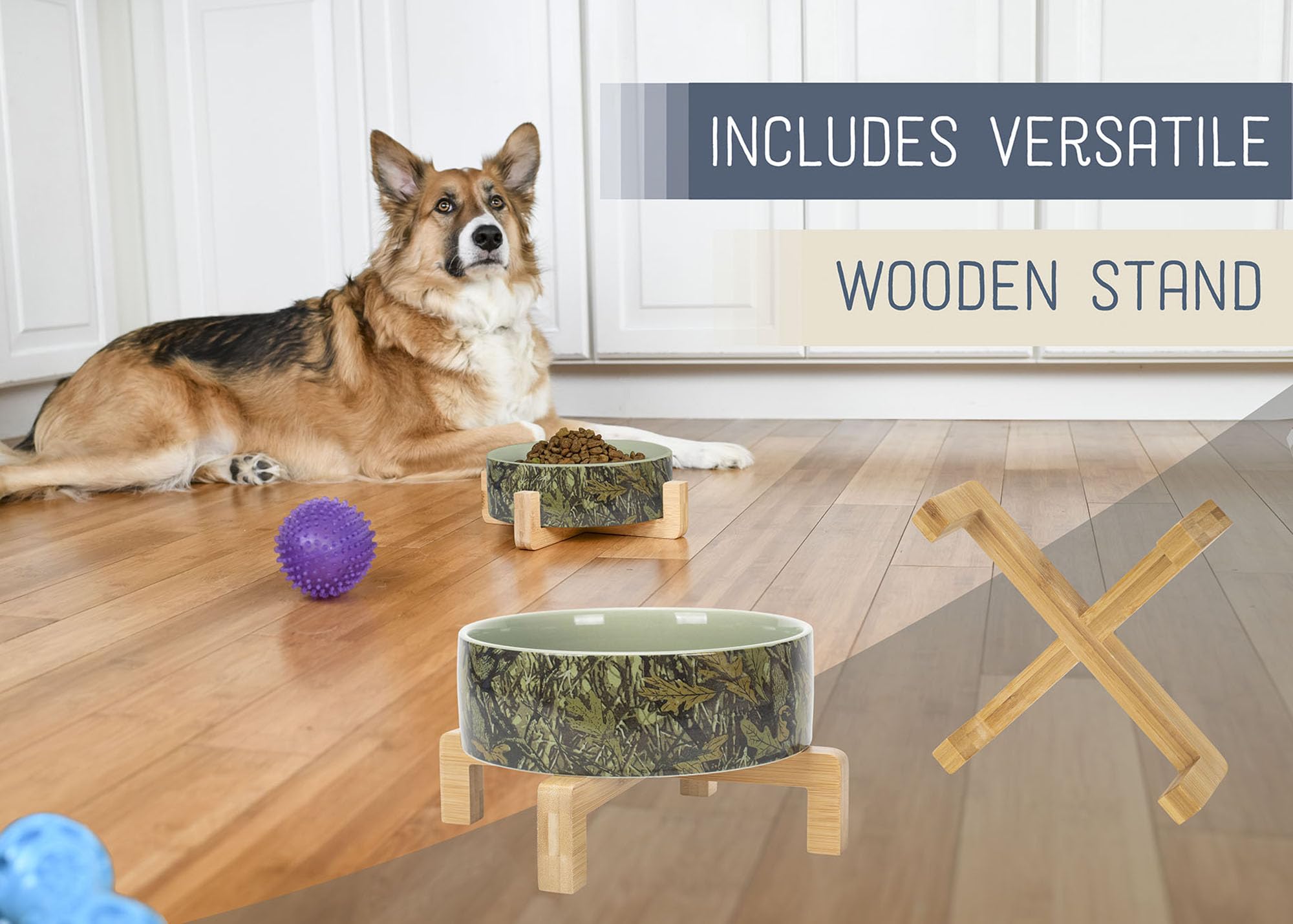 Nat & Jules Large Hunting Camo 8 Inch Stoneware Ceramic And Wood Pet Bowl With Stand