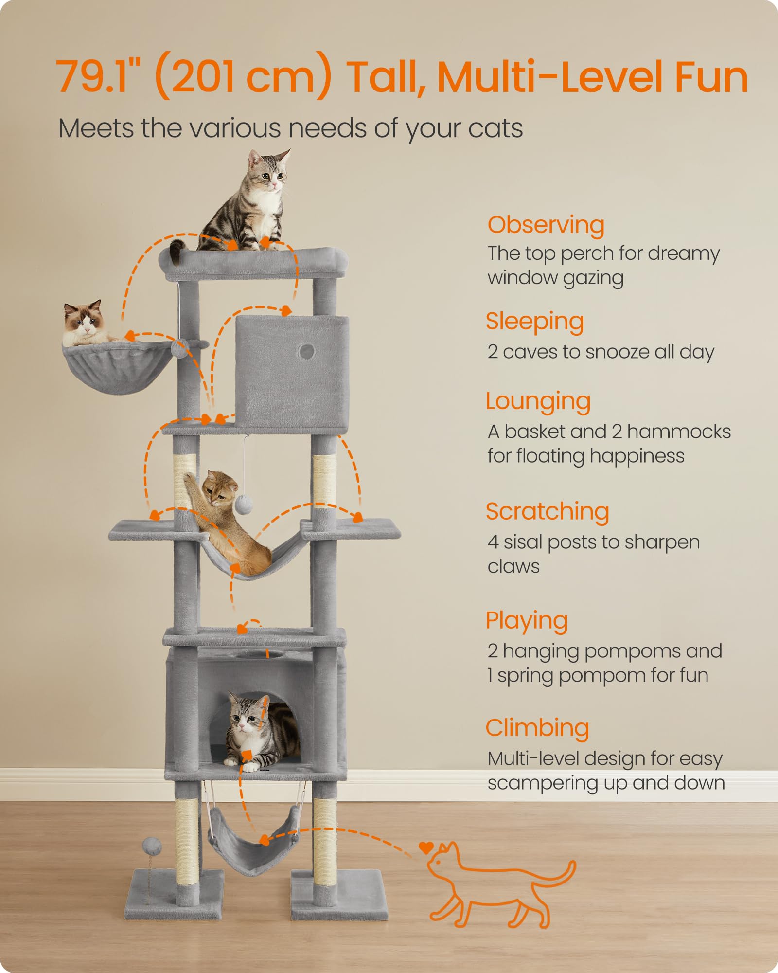 Feandrea Cat Tree, 79.1 Inch Tall Cat Tower for Indoor Cats, Multi-Level Large Cat Condo with 4 Scratching Posts, 2 Hammocks, a