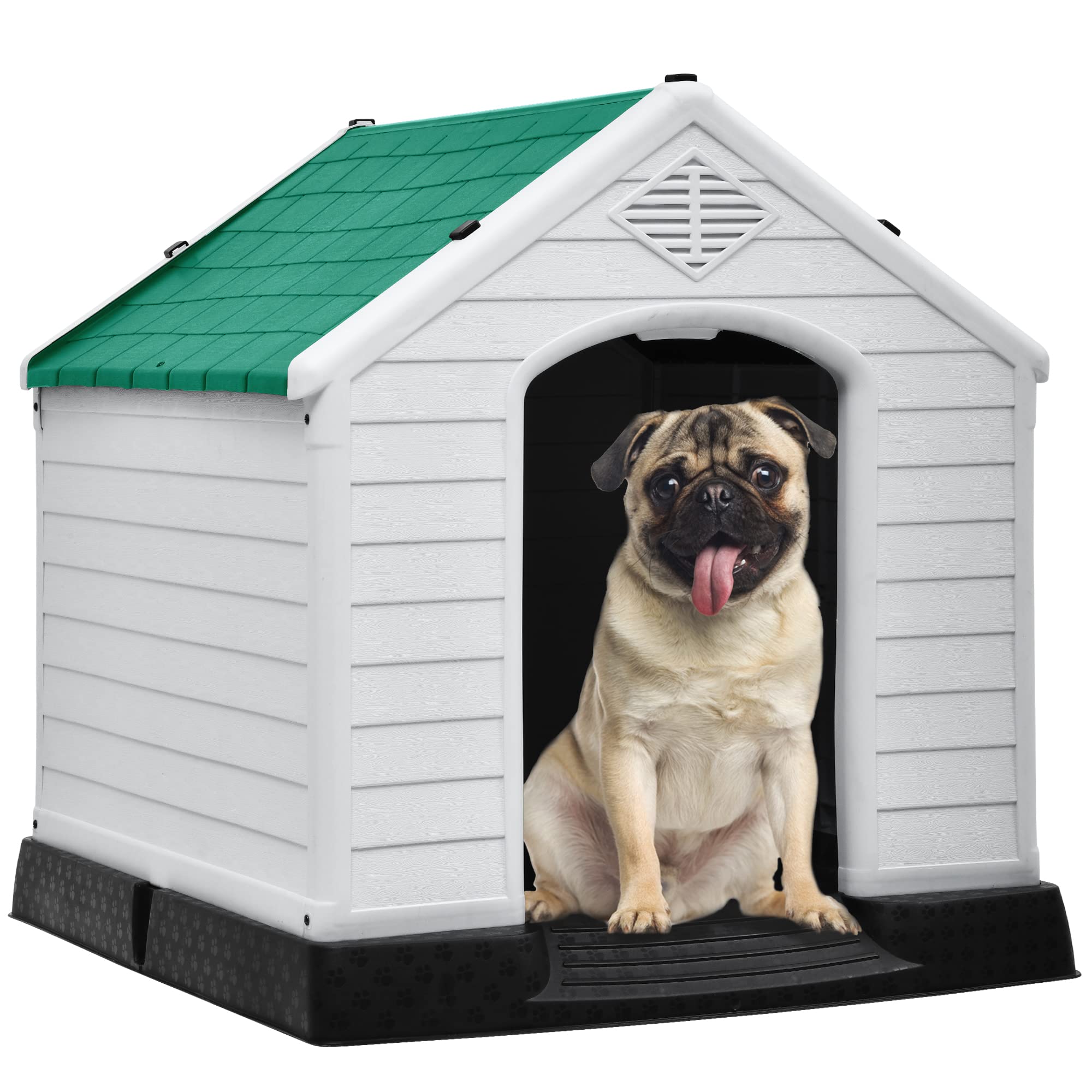 DWVO Large Outdoor Dog House, Plastic Doghouse with Air Vents and Ground Nails, Insulated Water Resistant Puppy Shelter for Smal