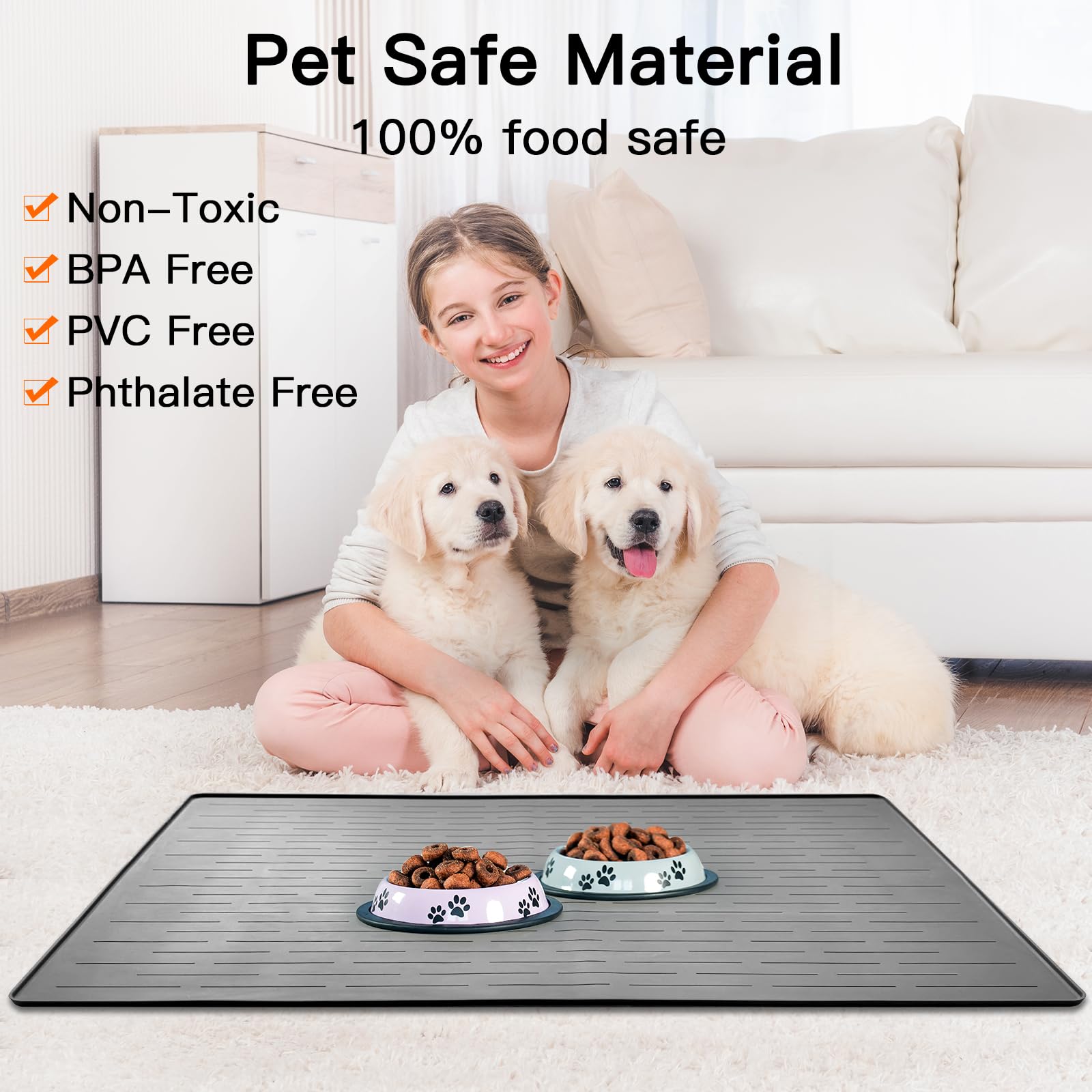 Ultibe Silicone Pet Food Mats Tray, Largest Dog Feeding Mat, 39.4 by 29.5in Pet Bowl Mat, Dog Water Mats, Dog Food Mats for Floo