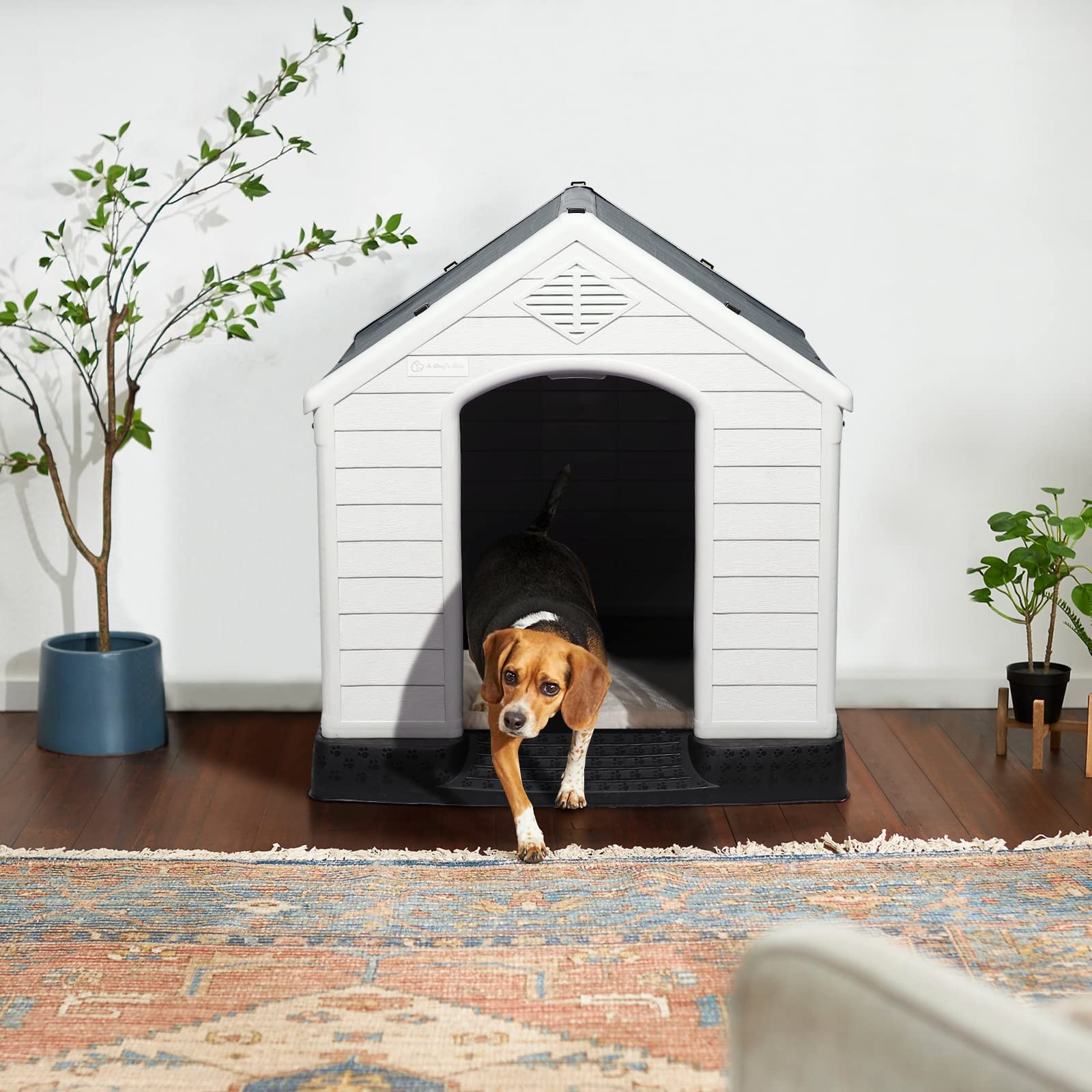 Lemberi Durable Waterproof Plastic Dog House For Small To Large Sized Dogs, Indoor Outdoor Doghouse Puppy Shelter With Elevated Floor, Easy To Assemble (Gray, 42''L*38''W*39''H)