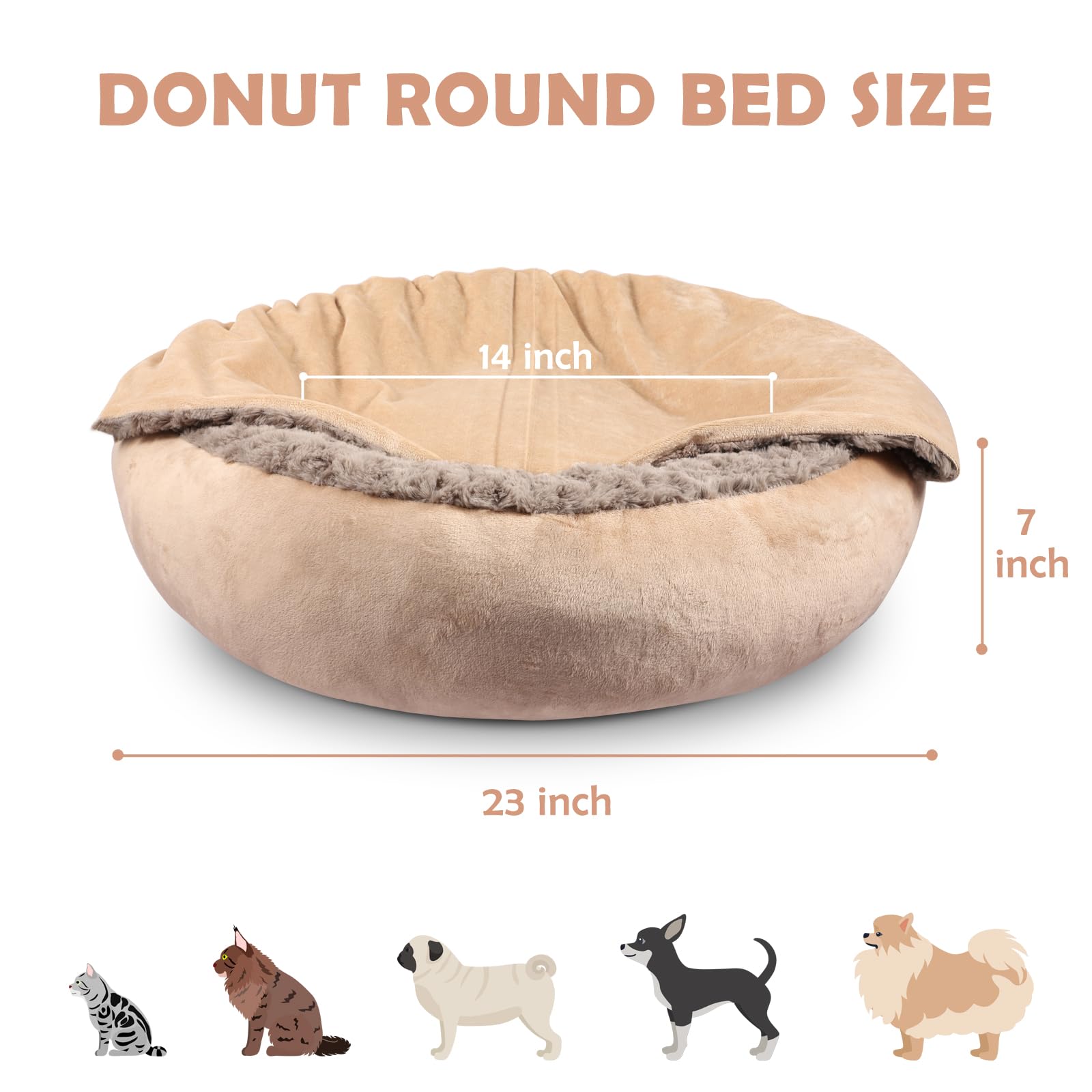 Joejoy Small Dog Cat Bed With Hooded Blanket, Cozy Cuddler Luxury Puppy Pet Donut Round Calming Anti-Anxiety Burrow Cave - Anti-