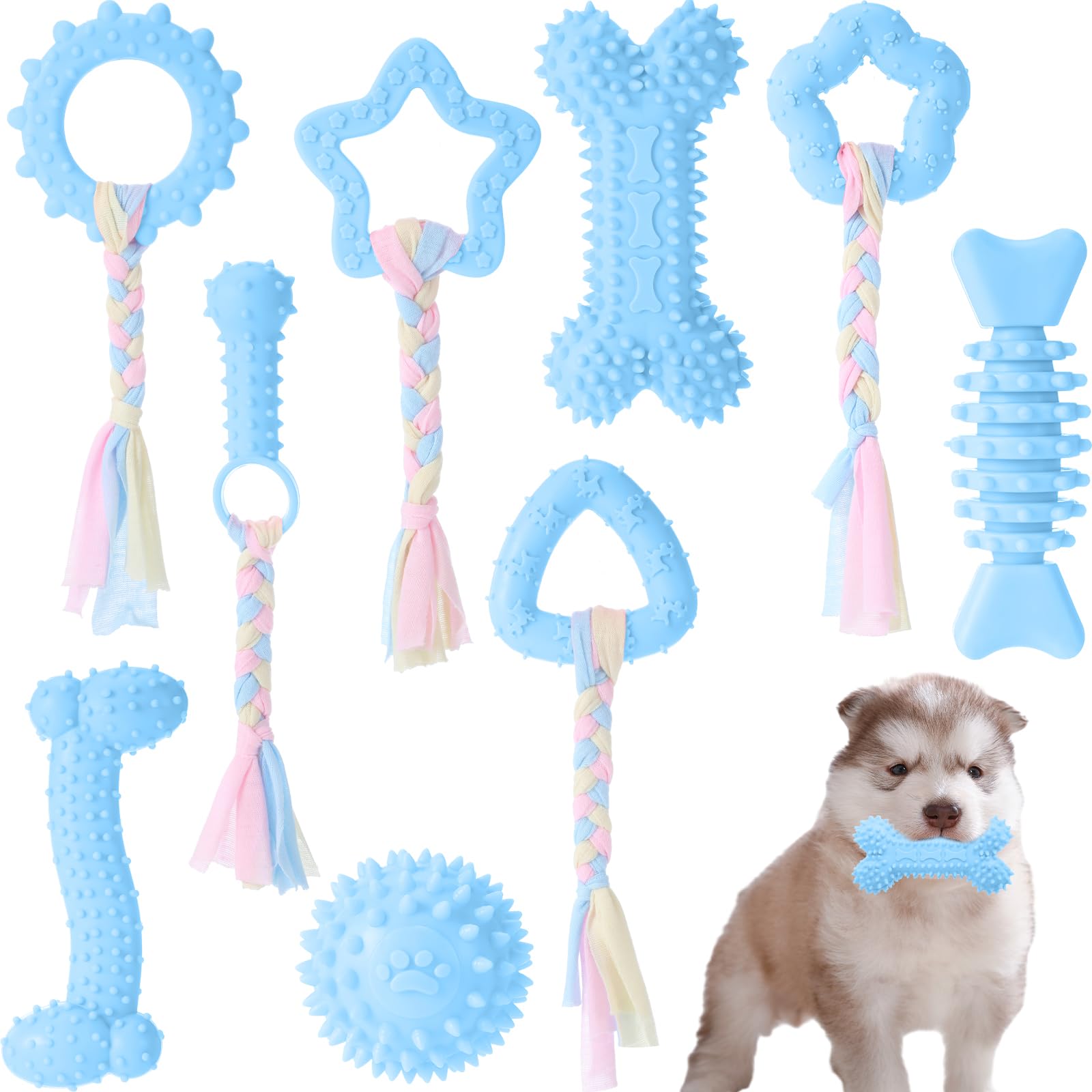 Foilswirl 9 Pack Puppy Chew Toys For Teething Puppy Teething Chew Toys For 0-6 Months Suitable For Female Small Dogs(Blue)