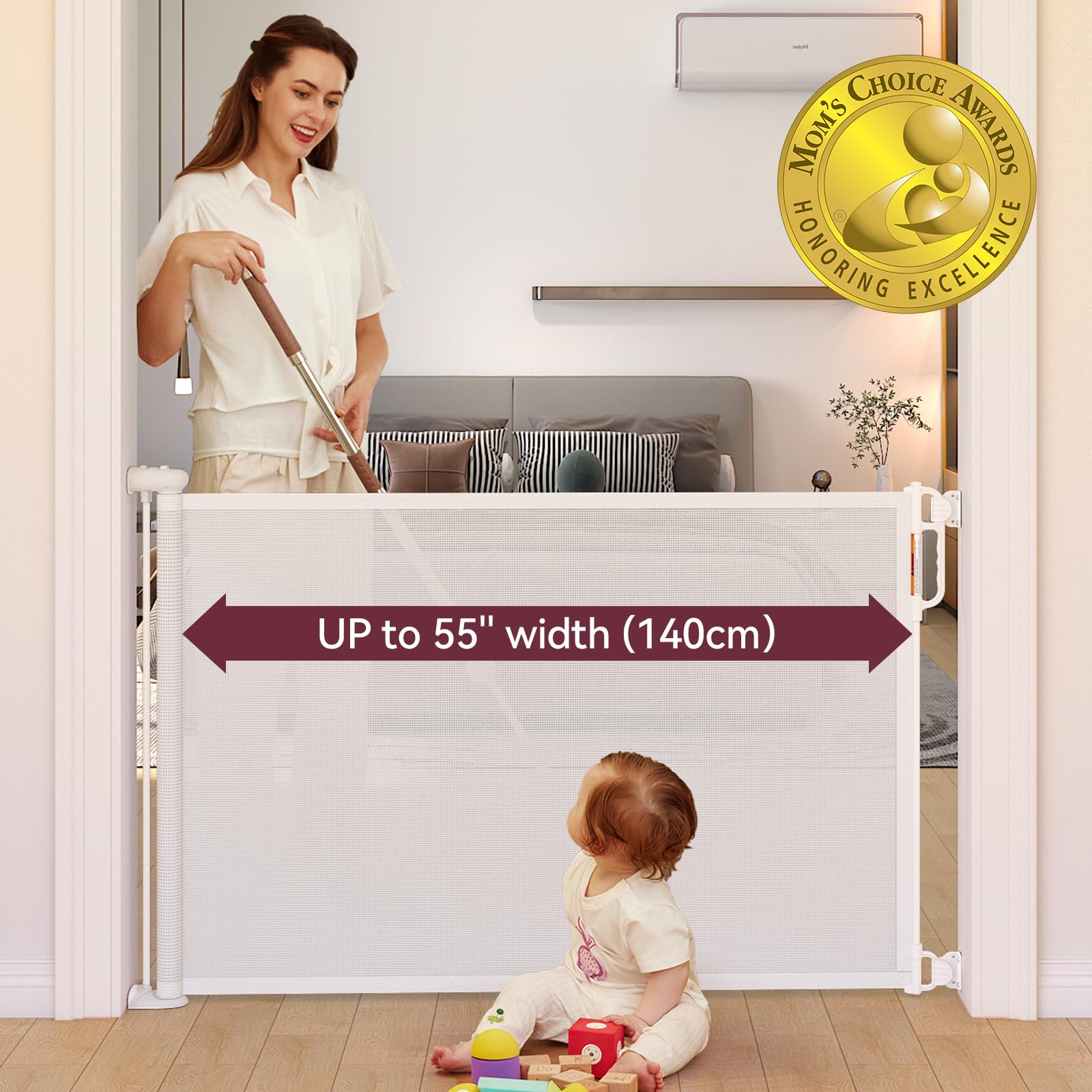 Momcozy Retractable Baby Gate - 33" Tall x 55" Wide, Easy to Use, White, Mesh, Model USVC-AM02-W for Stairs & Doorways